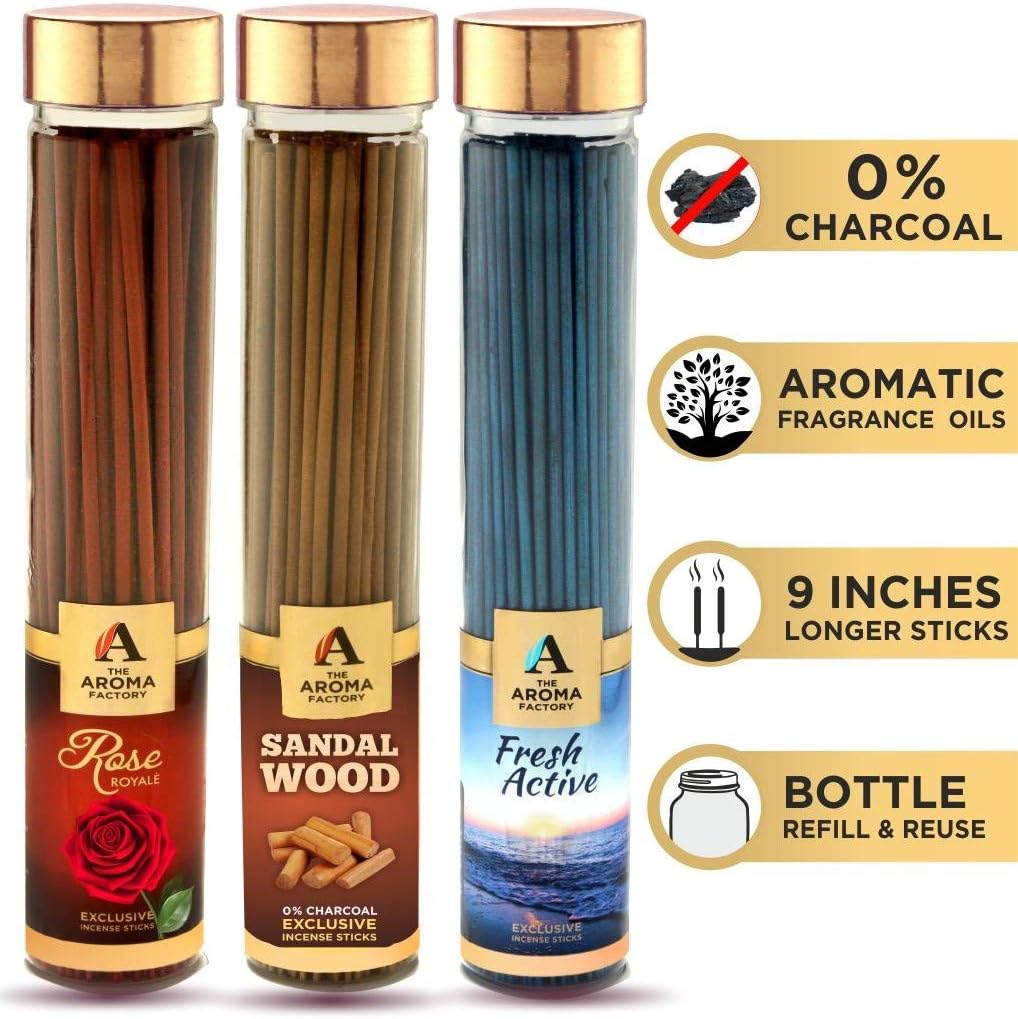 The Aroma Factory Pooja Agarbatti Rose Sandalwood Chandan & Fresh Active (0% Charcoal) Incense Sticks (Pack of 3 x 100g)