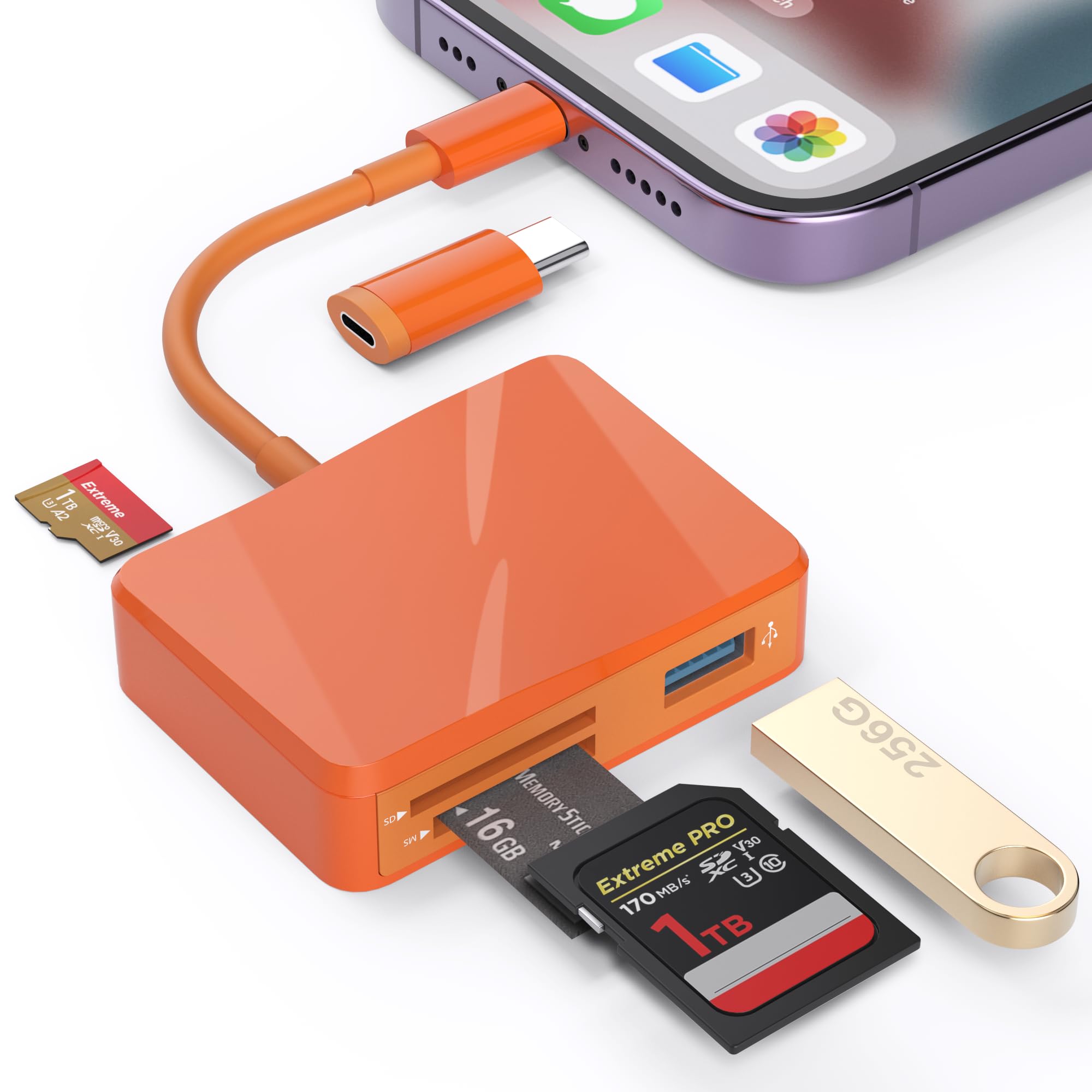 SD Card Reader for iPhone, Memory Card Reader with USB-C to Lightning Adapter Plug and Play Trail Game Camera Micro SD Card Viewer Support SD/TF/MS Card and USB Port for iPad Mac No App(Orange)-picture-29