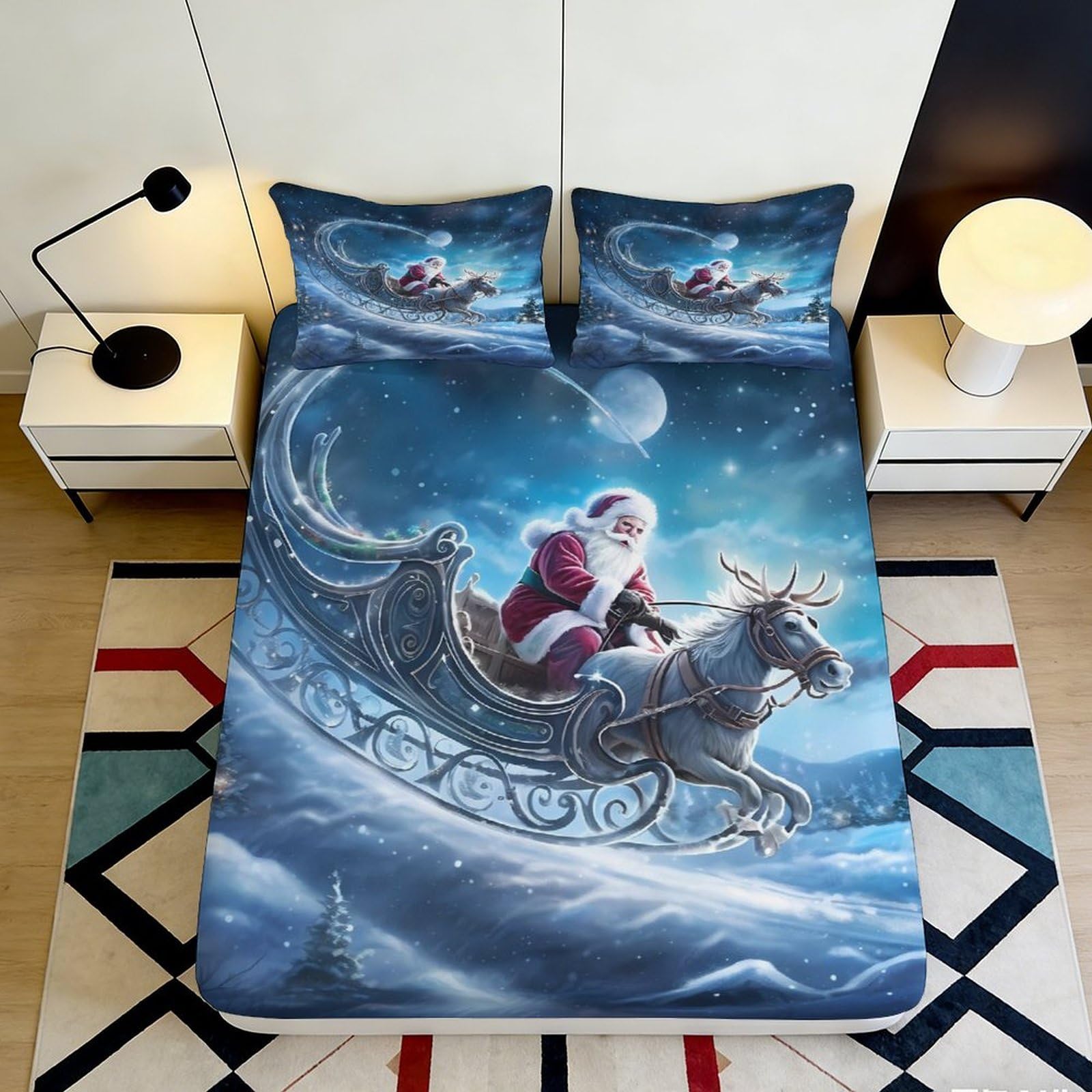 3D Printed Santa Sleigh Sky Fitted Sheet Microfiber Soft Blue Christmas Night Bed Sheet for Bedroom Guest Room 90x200x25cm