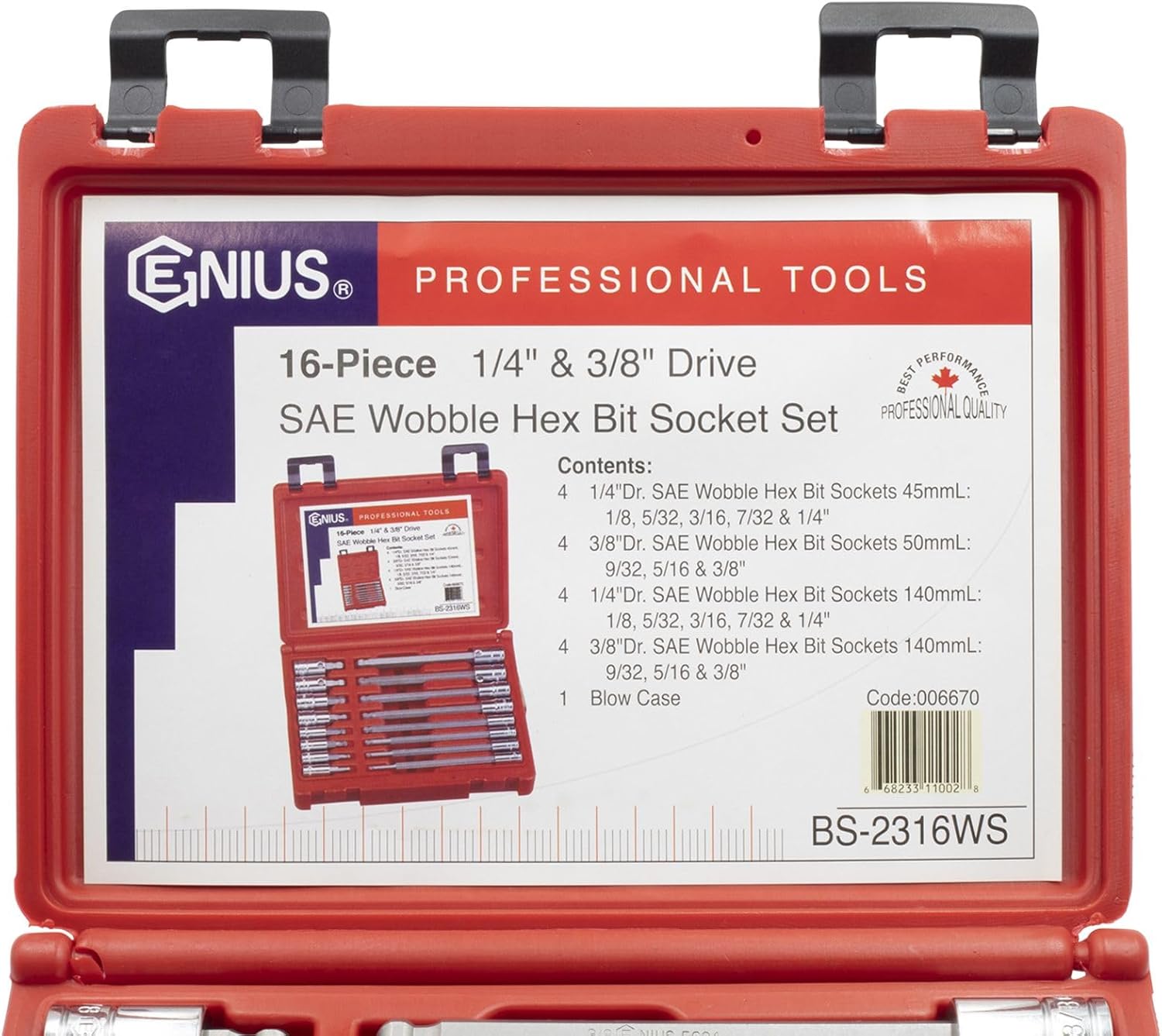 Genius Tools 16 Piece 1/4" & 3/8" Dr. SAE Wobble Hex Bit Socket Set BS-2316WS
