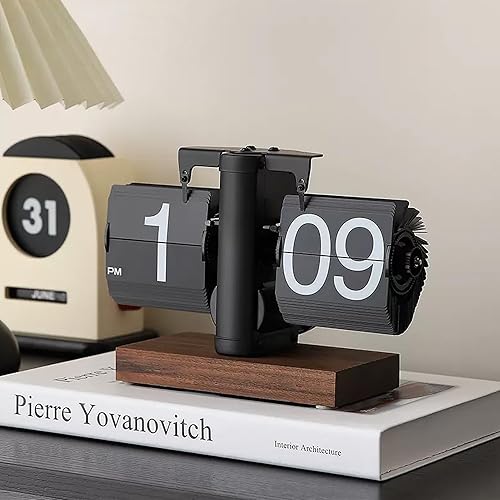 Miniatura 10 de VBESTLIFE Reloj digital retro abatible, funciona con batería, reloj interno con engranajes, mecánico clásico, base de nogal negro, para decoración