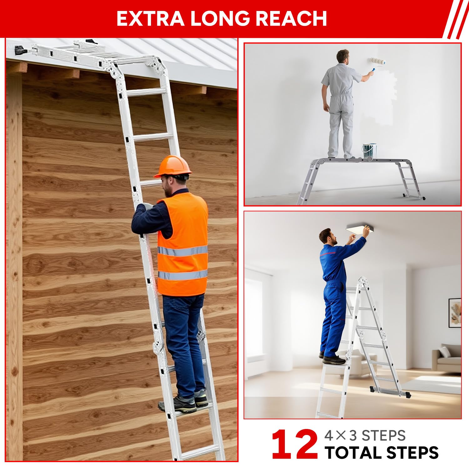 OUTIGO Escalera Multiusos 4x3, 7 en 1, 12 peldaños, Plegable, de Aluminio, con 2 Ruedas, para Uso doméstico, Carga máxima 150 kg