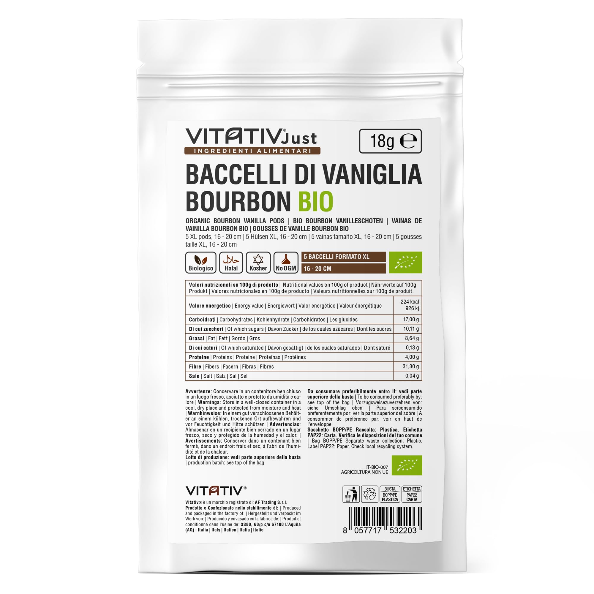 Baccelli di Vaniglia Bourbon BIO 5 pezzi XL 16-20 cm del Madagascar da Agricoltura Biologica - Prima Qualità - VITATIV - 18gr