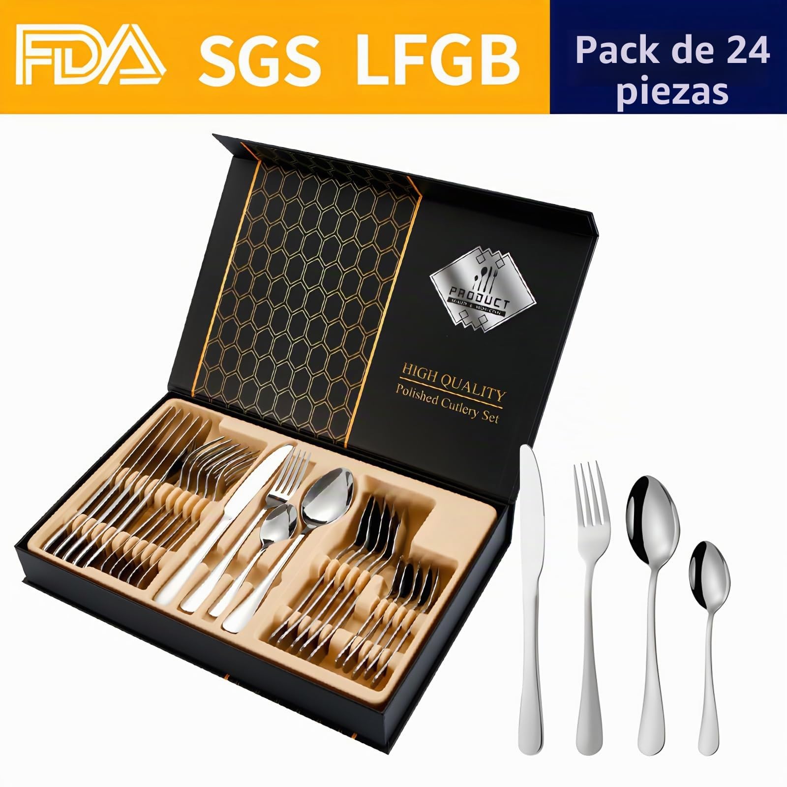 Vajilla grabada personalizada, caja de regalo de cubiertos de acero inoxidable de 24 piezas, regalo de cumpleaños, juego de vajilla para reunión familiar (plata)
