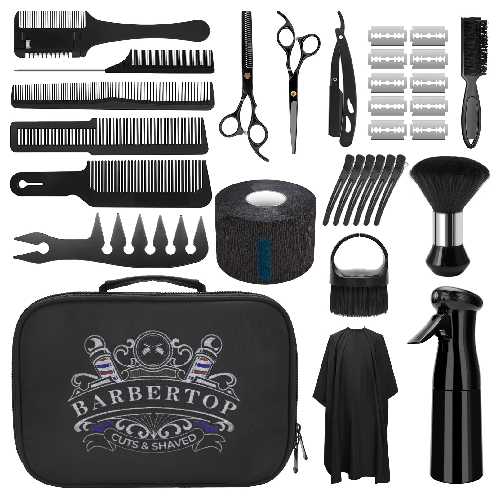 Professional Hair Cutting Scissors Kit, 17 Piece Barber Set with Thinning Shears, Combs, Cape, Razor Blades, Spray Bottle, Neck Duster, Clips, Carrying Case for Salon and Home Use