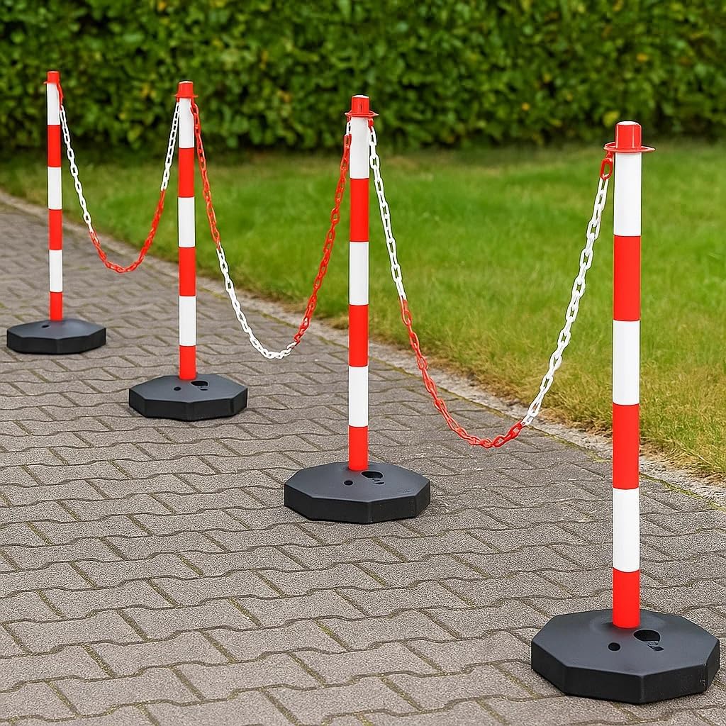 Red & White Plastic Chain Post Set (4 Posts, 32ft Chain) - Fillable Safety Barrier for Crowd Traffic Control, Car Parks and Demaraction