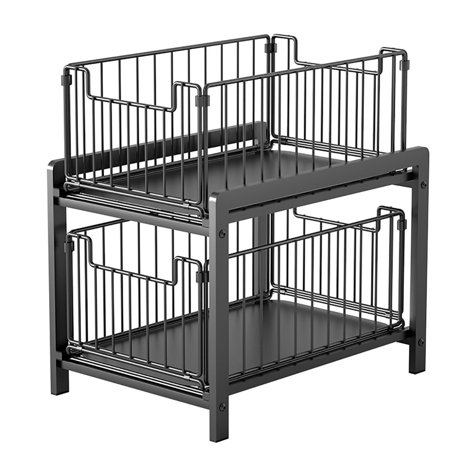 Organizador de almacenamiento debajo del fregadero, estante de organización de cocina de metal de 2 niveles con cajón de almacenamiento deslizante, diseño de barandilla elevada para una carga establ