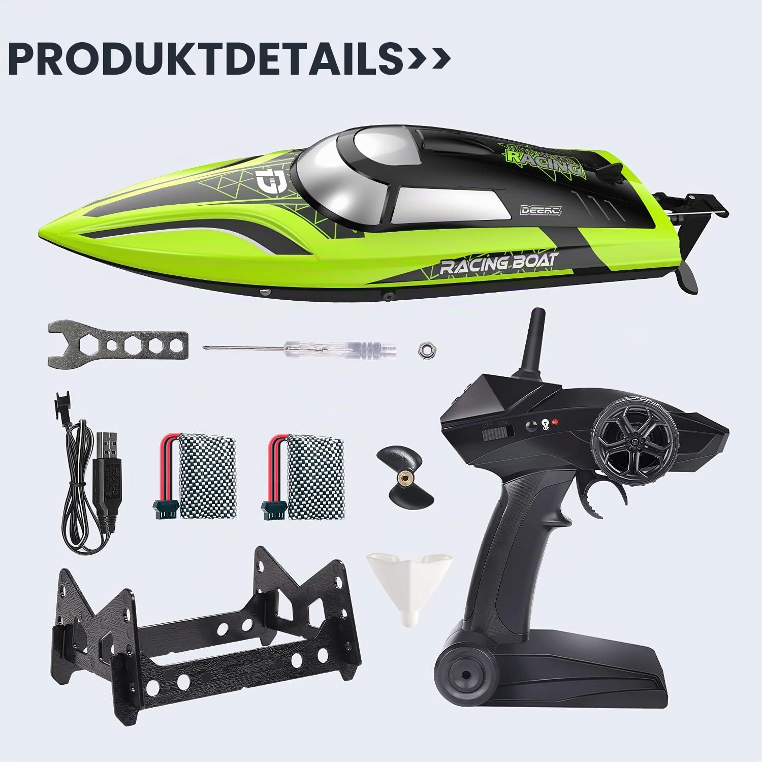 DEERC RC Boot mit LED-Licht, ferngesteuertes, für Pools und Seen, 20+ km/h, 2,4-GHz-Rennboote mit 2 Batterien, Poolspielzeug für Kinder, ferngesteuertes Wasserfahrzeug (Grün)