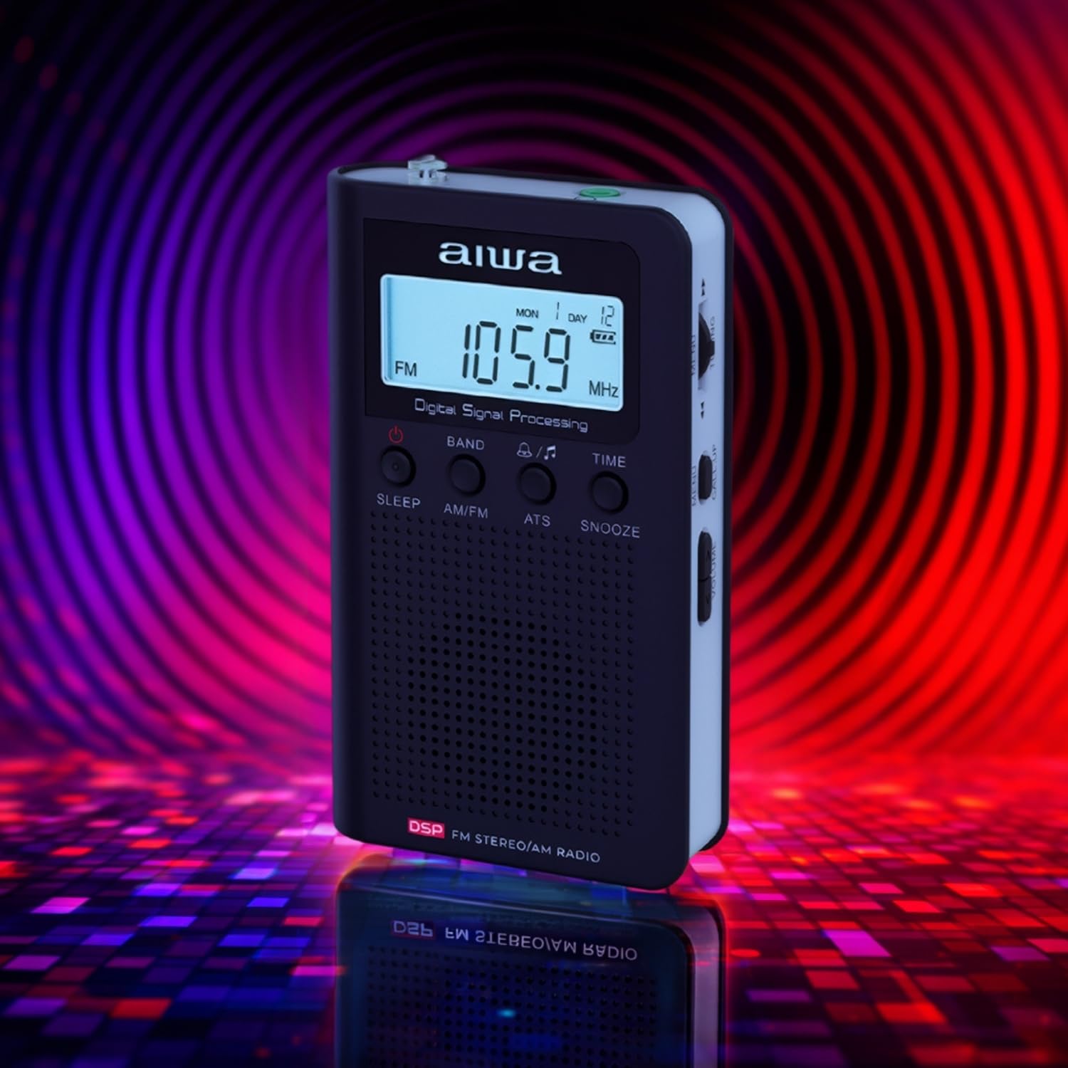 AIWA RSD-45BK Radio Digitale Portatile Am/FM con Altoparlante, Ricerca Automatica ATS, Tecnologia DSP, Display LCD con Orologio e Allarme, Radio tascabile Compatta con Cuffie