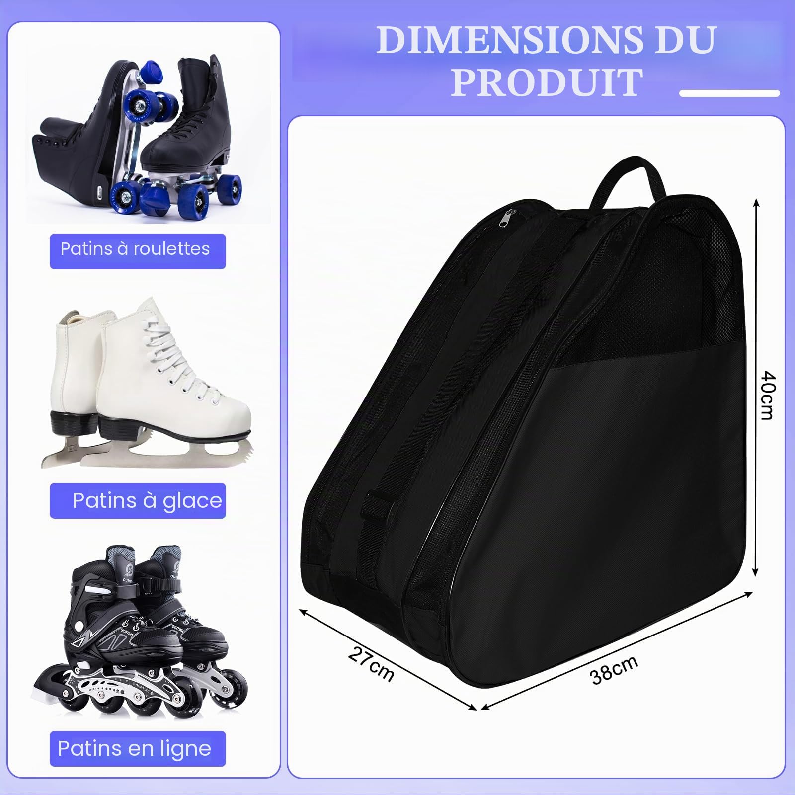 ADERTOS Sac pour Patin à Roulette 40 * 39 * 27CM Sac Roller Sac pour Patins à Glace Sac de Patinage à roulettes Sac Rangement Patin a roulettes Sac de Sport Patinage Sac de Chaussures de Patinage