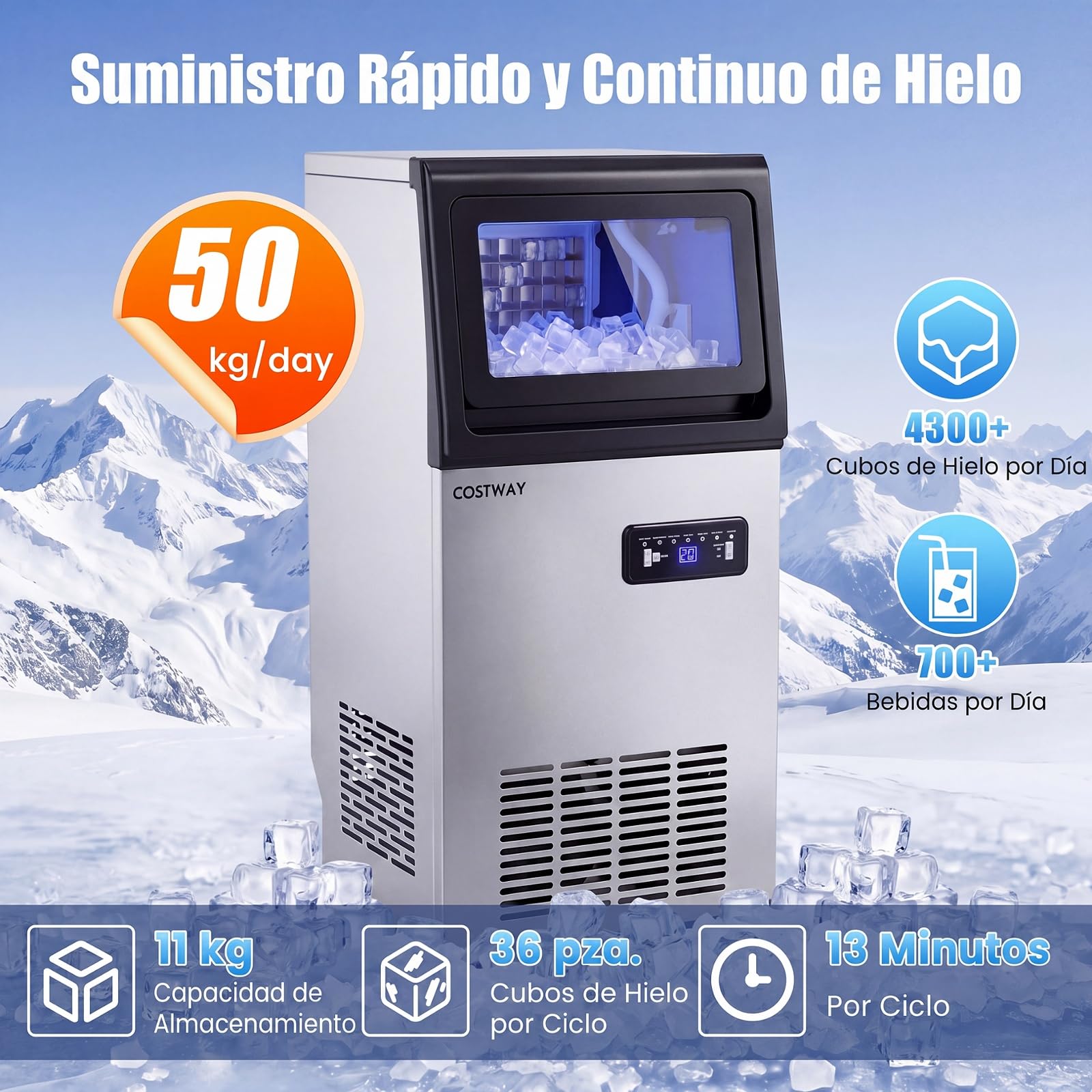 COSTWAY Máquina de Hielo Comercial,50 kg/24H,11 kg,36 Cubitos en 13 Minutos