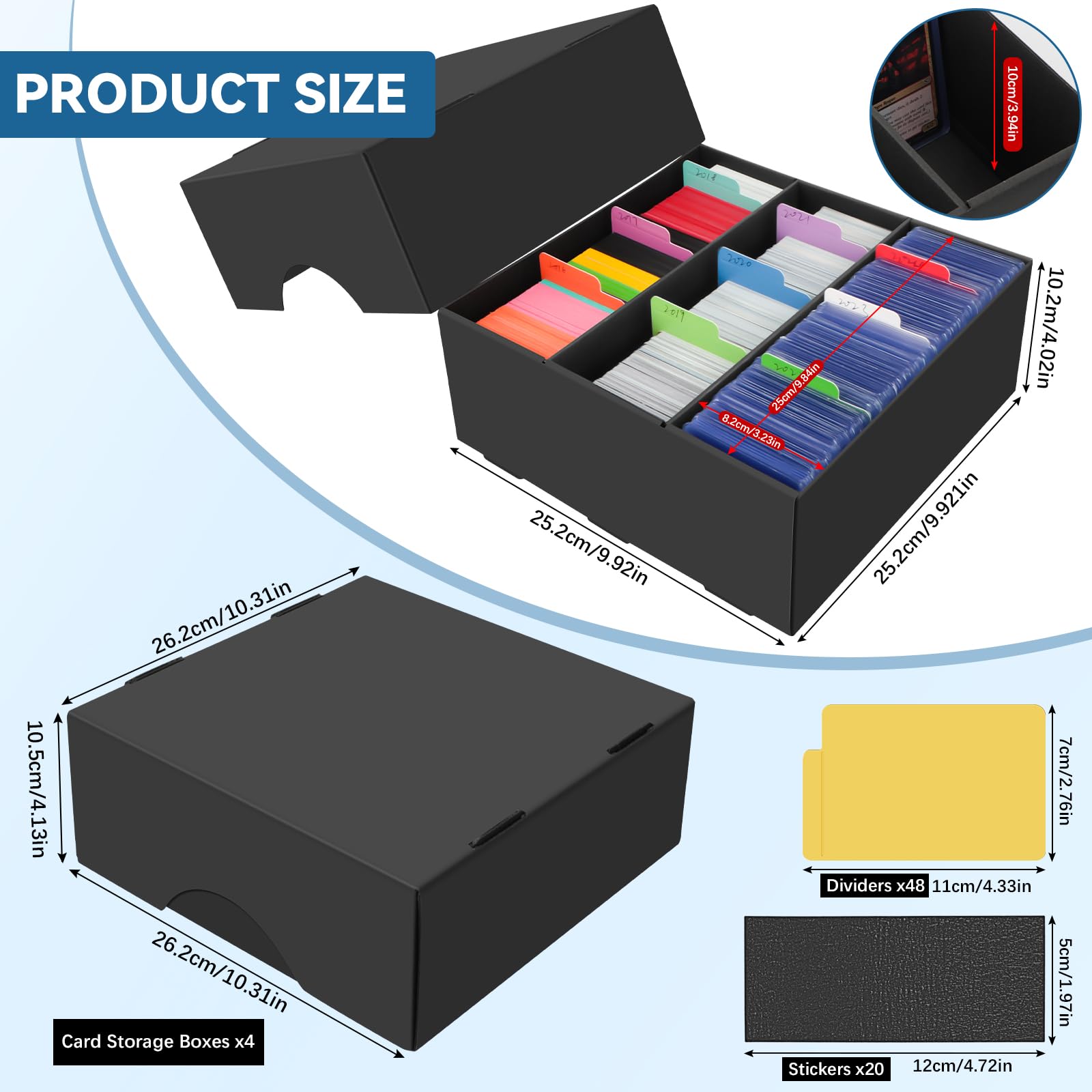 4 Stück Sammelkarten-Aufbewahrungsbox, 9360 Kartenaufbewahrung mit 48 bunten Trennblättern, Schwarzer Karton Storage Box, Kartensammelbox für TCG/Magic/MTG Aufbewahrun