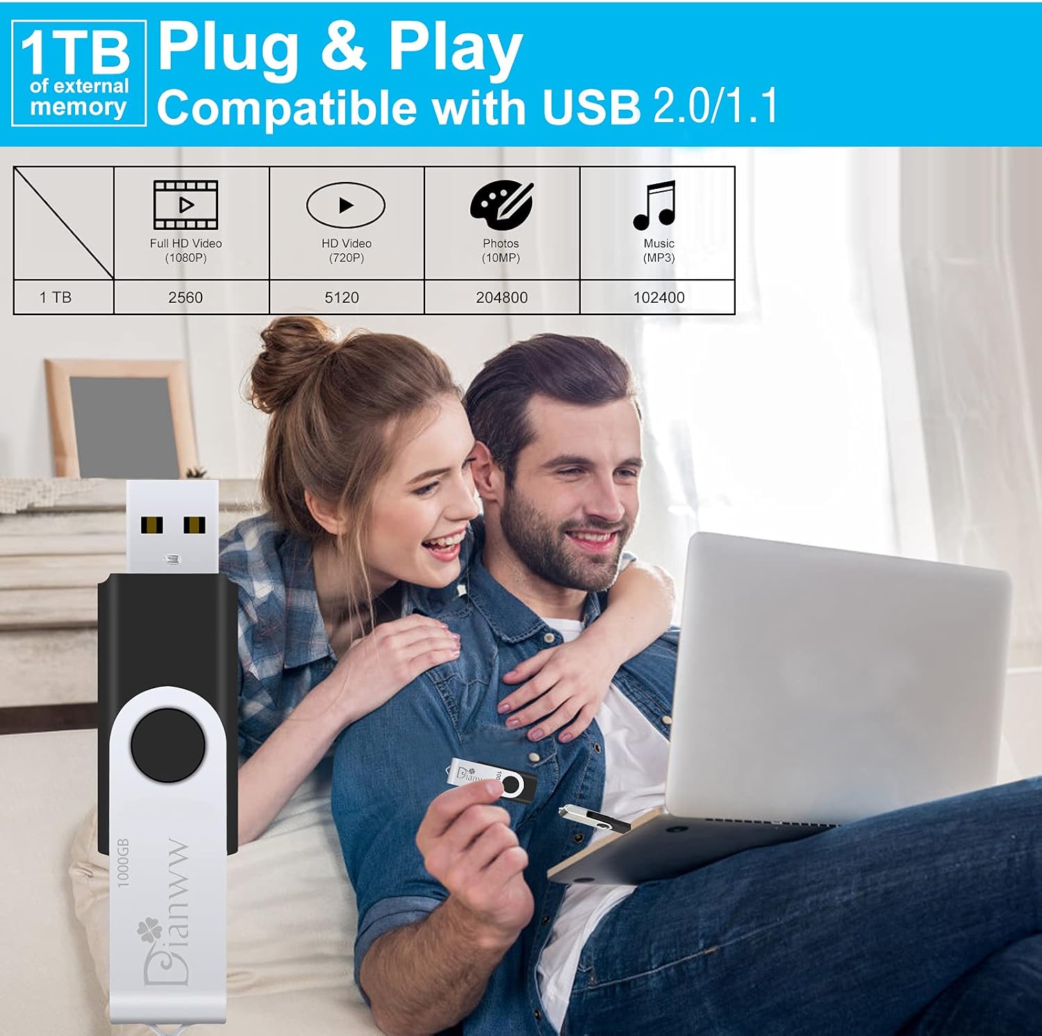USB Flash Drive 1000GB, 2.0 USB Thumb Drives Dianww Read & Write Speads up to 28MB/S for Laptop, External Data Storage Drive with Rotated Design, Memory Stick, Jump Drive Storage