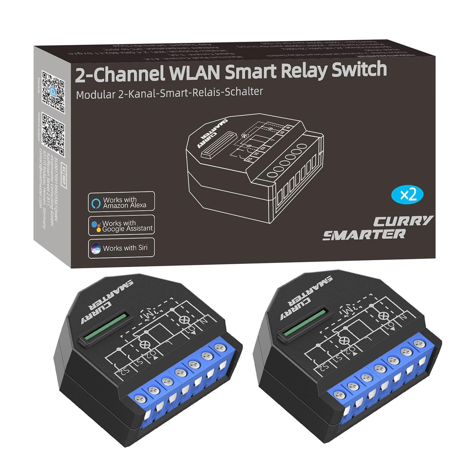 SMARTERCURRY Interruptor de relé WiFi y Bluetooth de 2 canales, 2 piezas, control de persianas y control de luz con medición de consumo de energía, compatible con Alexa/Google