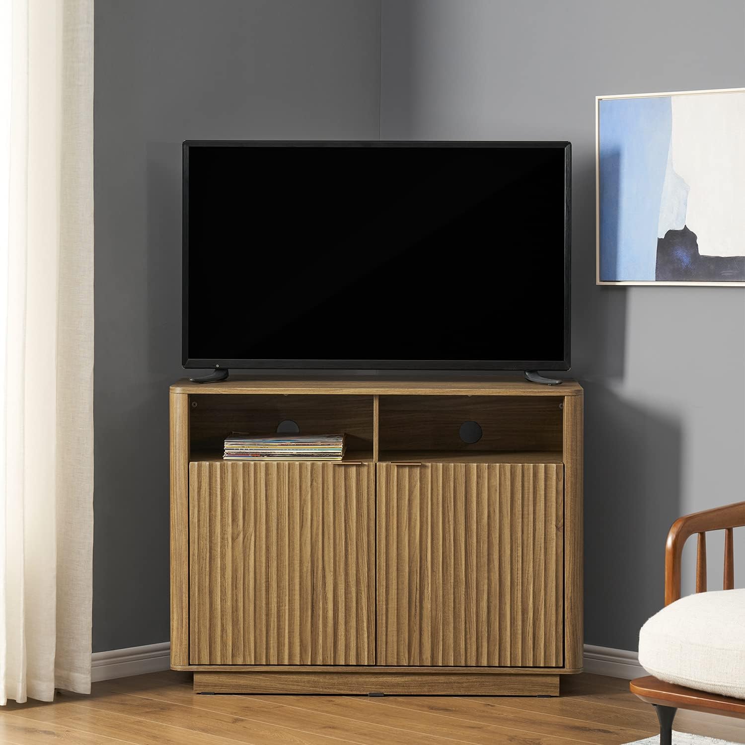 mopio Brooklyn Corner Storage Cabinet, Mid Century Modern Buffet, Entertainment Center, Storage Cabinet with Doors and Shelves, Media Cabinet for 55 inch TV Stand, for Living Room