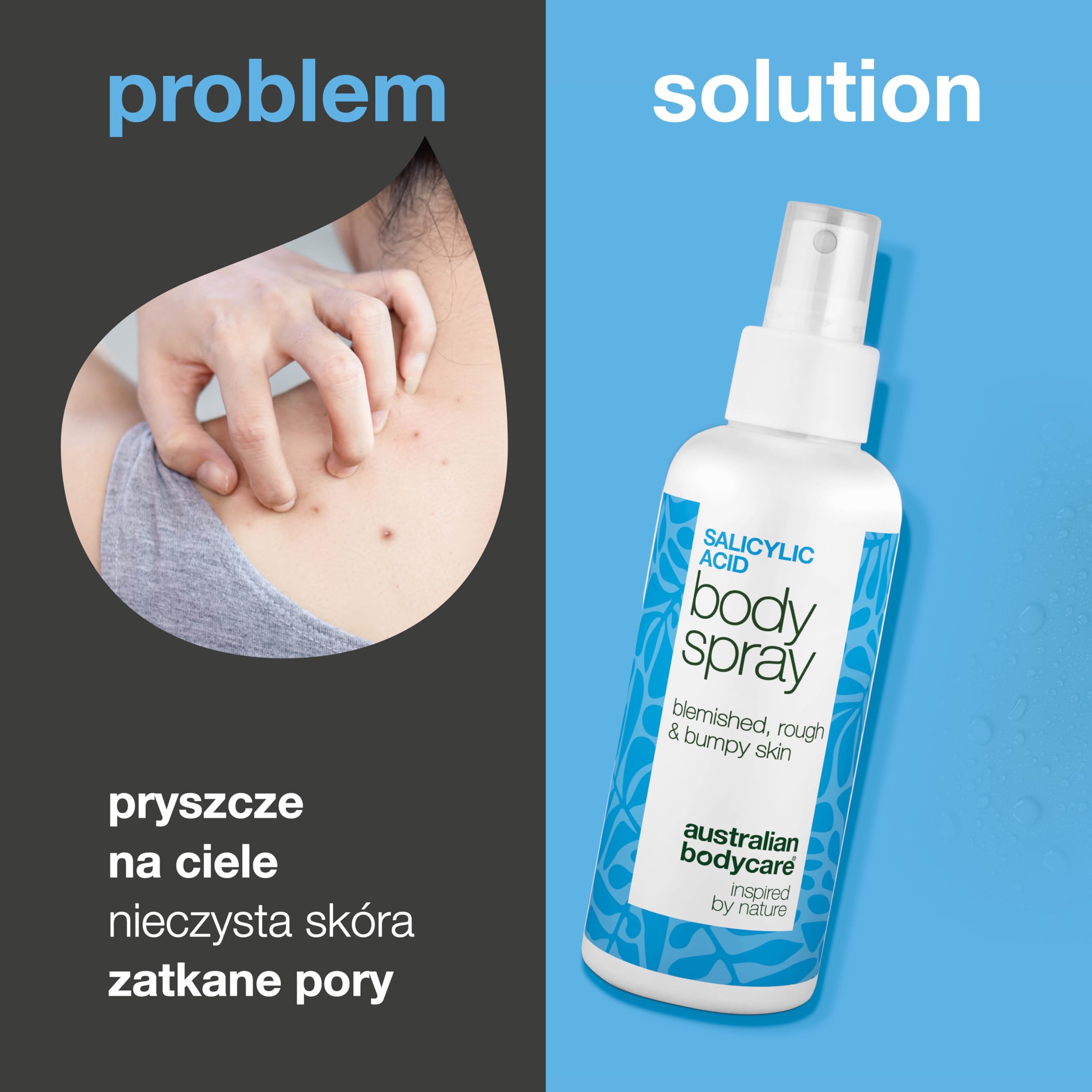 Spray z kwasem salicylowym przeciwko wypryskom na ciele, zatkanym porom i szorstkiej skórze – z 2% kwasem salicylowym i kwasem glikolowym dla czystszej, gładszej skóry