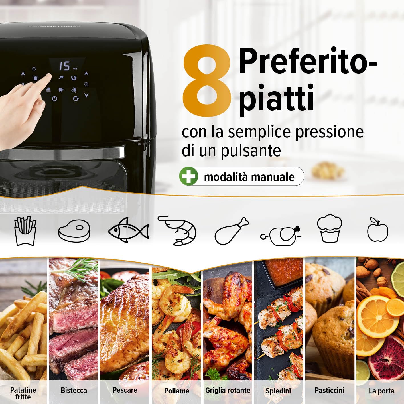GOURMETmaxx Friggitrice digitale XXL ad aria calda 12 litri | Frittura senza grassi, friggitrice, forno e grill rotante in un unico apparecchio | Con 9 programmi e funzione timer