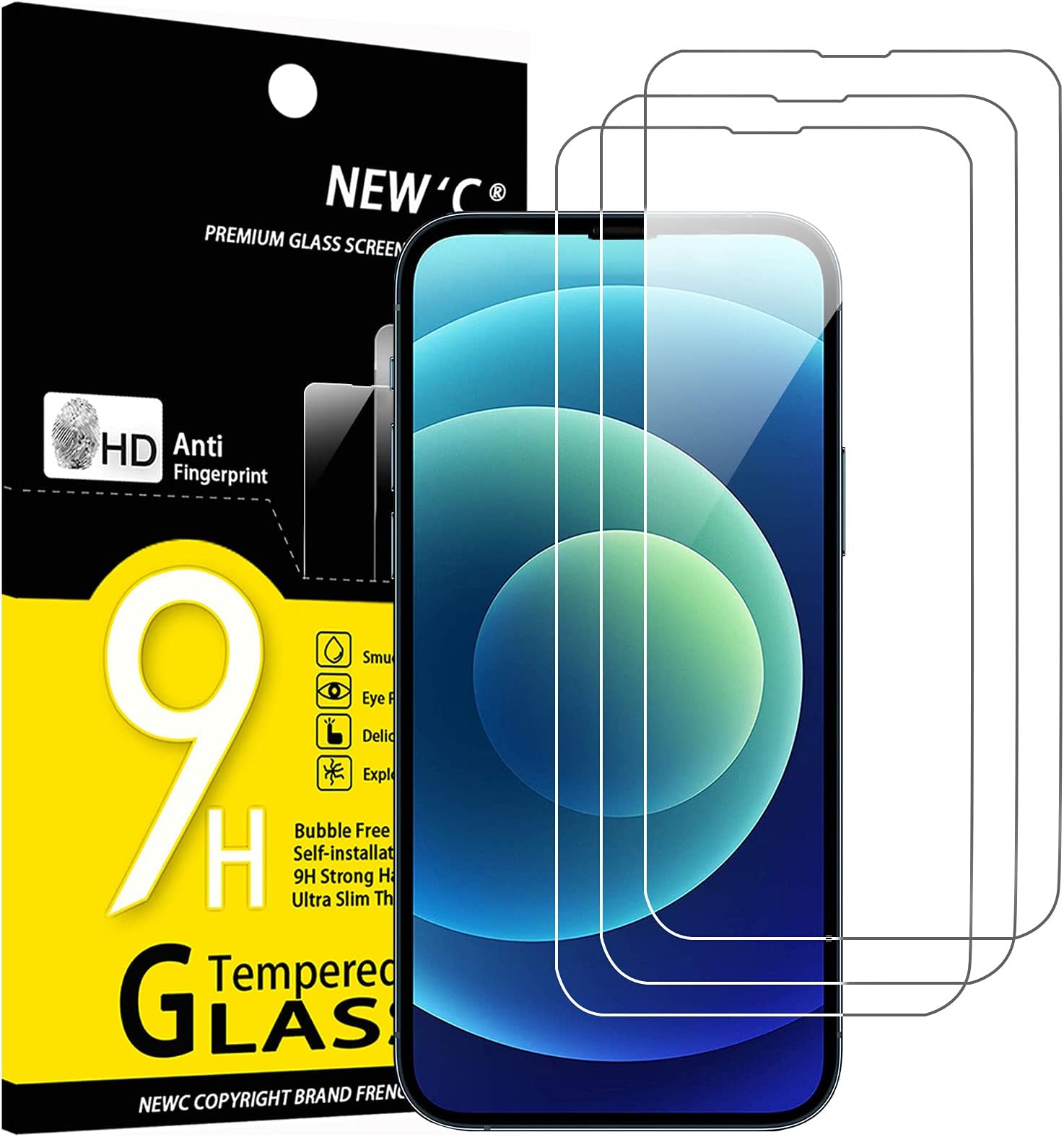 NEW'C 3 Pack Designed for iPhone 14, 13, 13 Pro (6,1") Screen Protector (6.7"), Enhanced Tempered Glass Protection, Case Friendly Scratch Resistant,Bubble-Free, Ultra Resistant