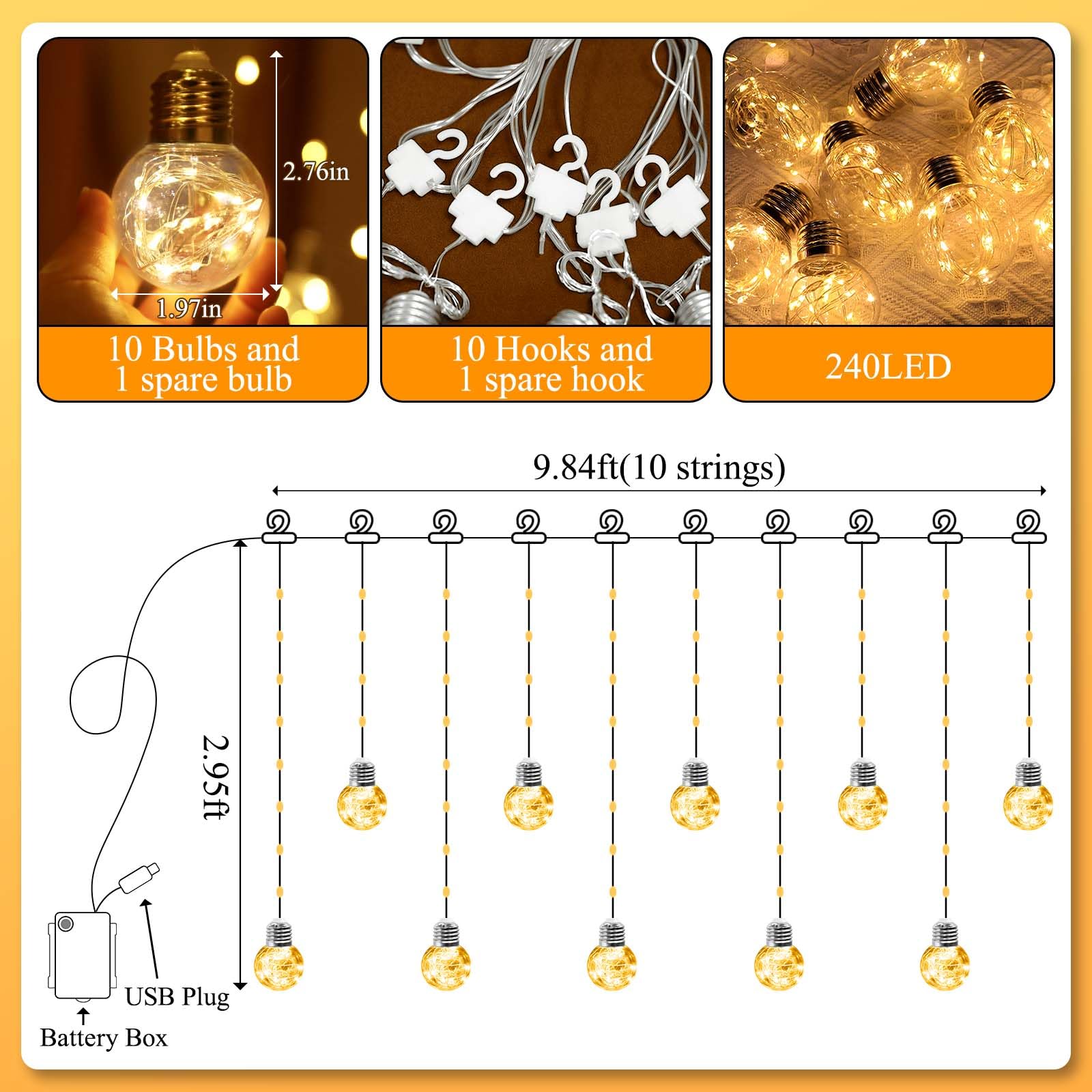 LitHome Wishing Rideau lumineux en forme de boule, 240 LED avec télécommande, alimenté par USB, guirlande lumineuse pour chambre à coucher, mariage, fenêtres, décoration intérieure (blanc chaud)