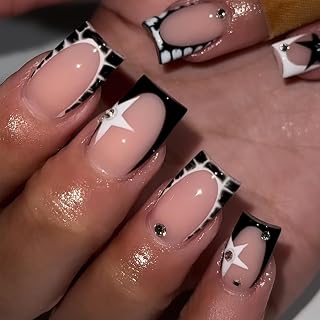 French Tip Press on Nails Medium Square Fake Nails with 3D Rhinestones Designs Y2K Star Full Cover Glue on Nails Reusable Glossy Black White False Nails for Women Daily Wear 24Pcs
