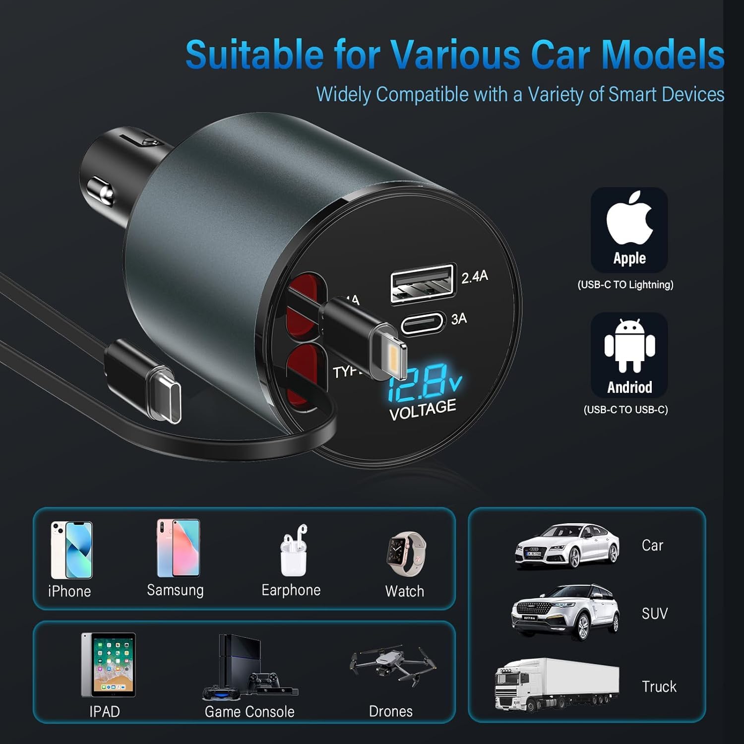Caricabatteria da auto per accendisigari USB C 4 in 1 56W - Caricabatterie per auto con 2 cavi retraibili (Tipo C, Lightning), adattatore USB per accendisigari con visualizzazione tensione, rotazione