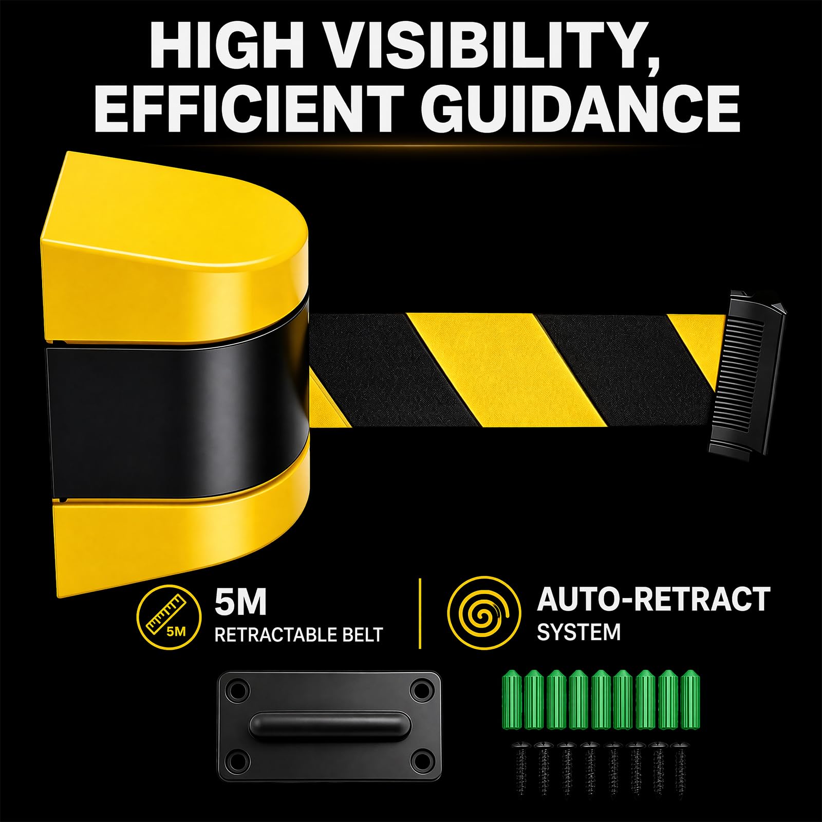 Nastro di sicurezza estensibile da 5 m, per montaggio a parete, con alloggiamento in ABS, nastro di sicurezza giallo-nero per code, guida personale e controllo degli accessi (giallo e nero)