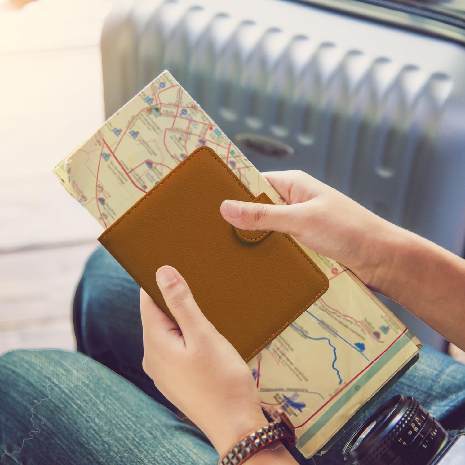 HOTCOOL Passport Holder Travel Essentials Airplane & Cruise Essentials Ship Leather Wallet Cover Case RFID Blocking Women & Men Vacation Travel Accessories Gifts Deals, Litchi - Brown