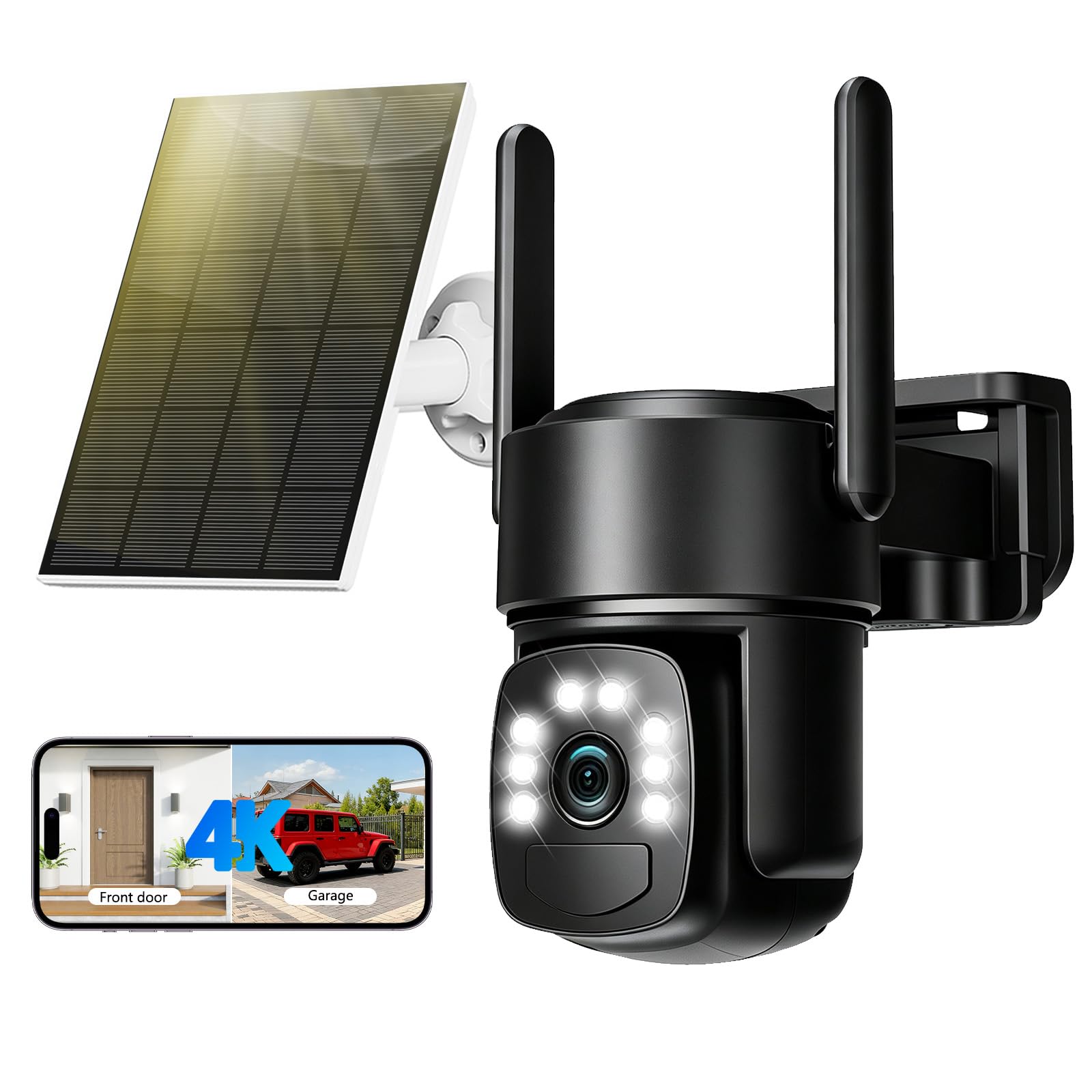 4K Cámara Vigilancia WiFi Exterior Solar con Doble Lente,Panel Solar 5W,Visión Nocturna en Color,Detección Humana PIR,Audio Bidireccional,360° PTZ,Seguimiento Automático,Sirena,2.4GHz,IP66