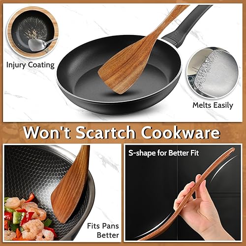 Miniatura 5 de Pleafind Juego de utensilios de madera de teca natural, 9 piezas, cucharas de madera para cocinar, juego de utensilios de cocina de madera con