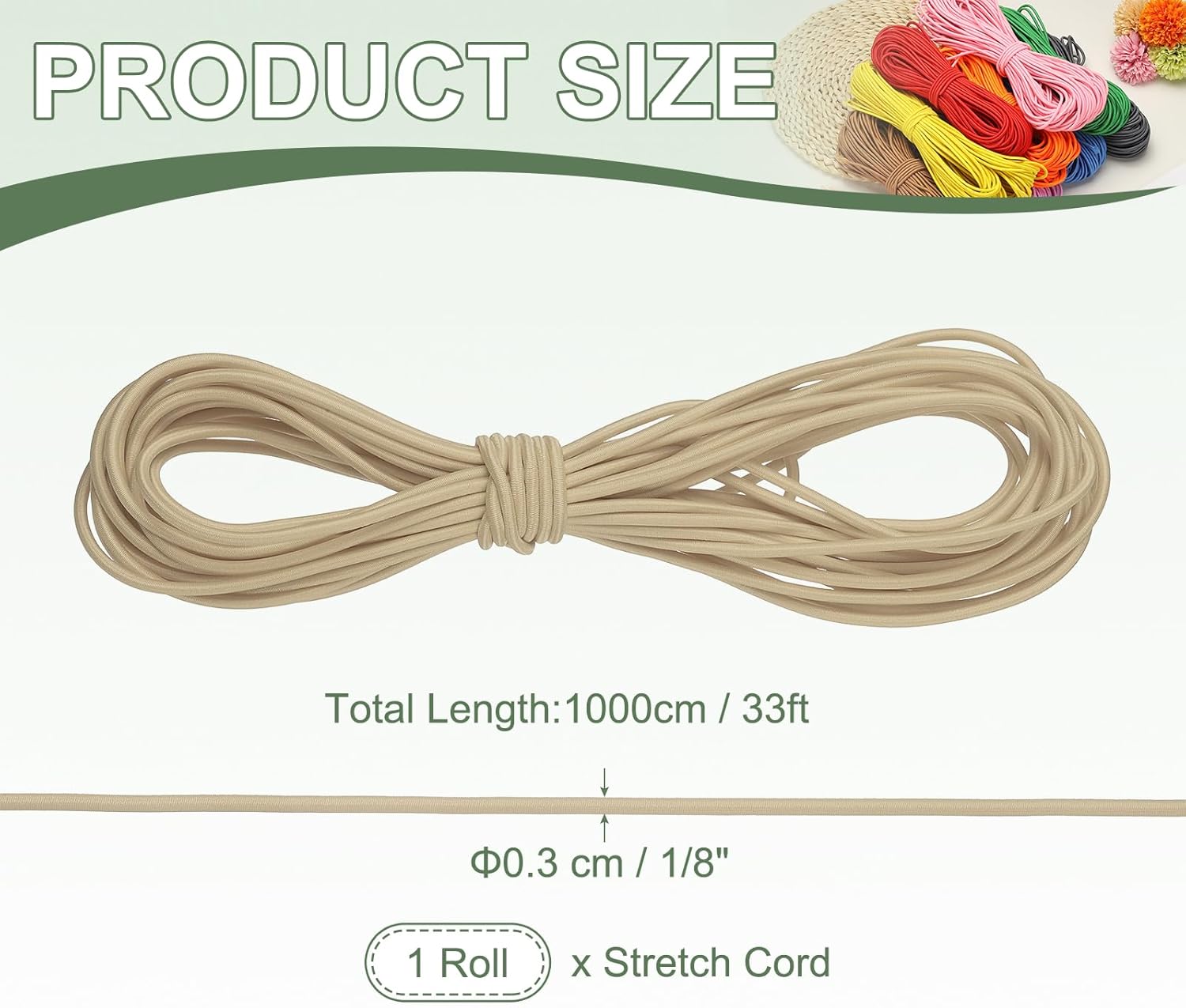 Shock Cord, Elastic Cord Marine Grade Bungee Rope Stretch String - Fitting for (DIY Projects - Sewing - Tie Downs - Tent Pole - Kayak Strap) 1/8 Inch x 33 ft & Beige
