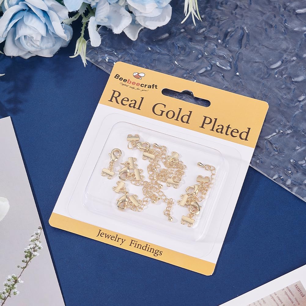 Beebeecraft 1 Box 8Pcs Necklace Layering Clasps 18K Gold Plated Brass Multiple 2 Strands Clasps Adjustable Chain Connectors with Lobster Claw Clasp for Jewelry Making Bracelet DIY Crafts