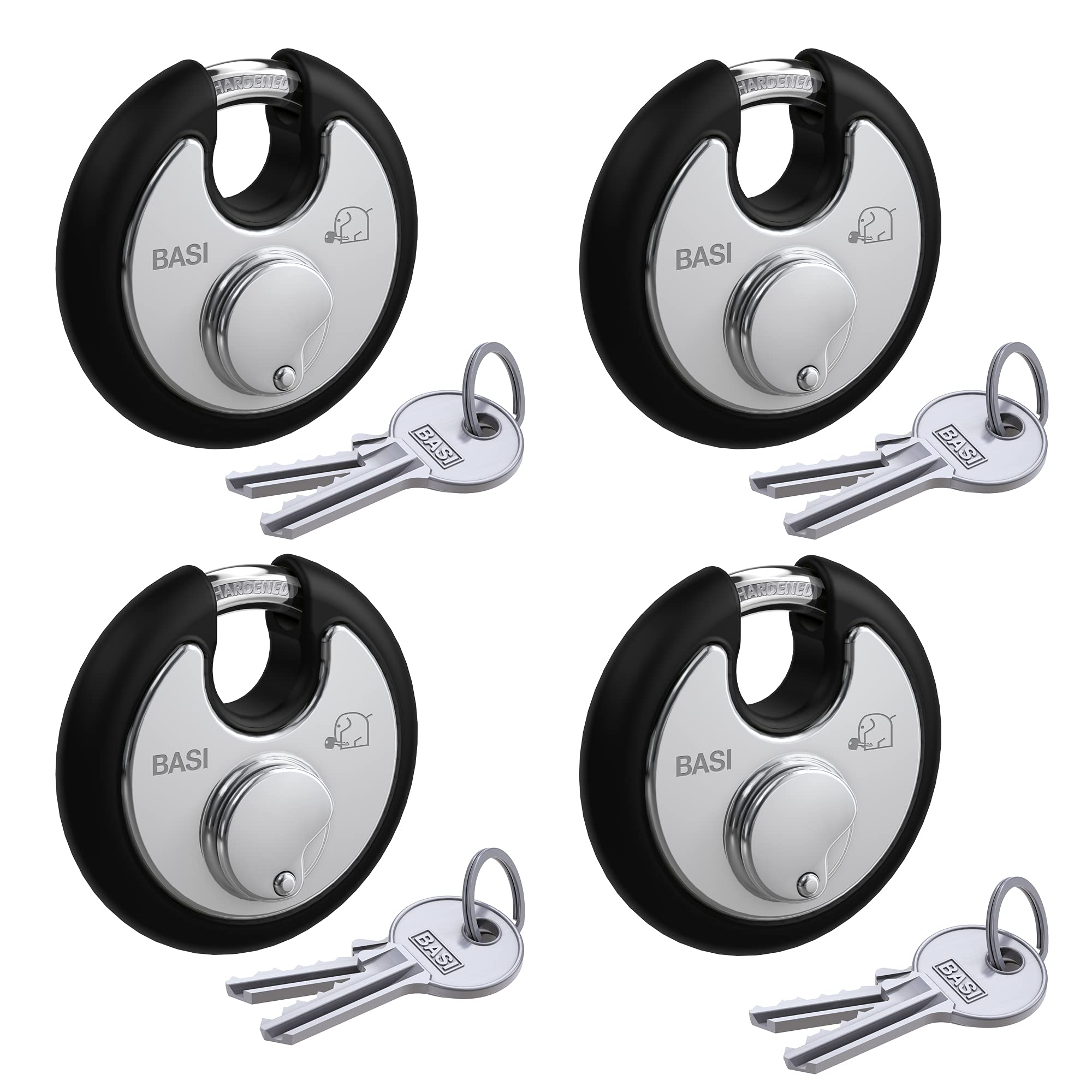 BASI Juego de 4 candados redondos con protección contra la intemperie, cierre uniforme, cuerpo de acero inoxidable macizo, arco de acero endurecido, candado seguro, 4 unidades