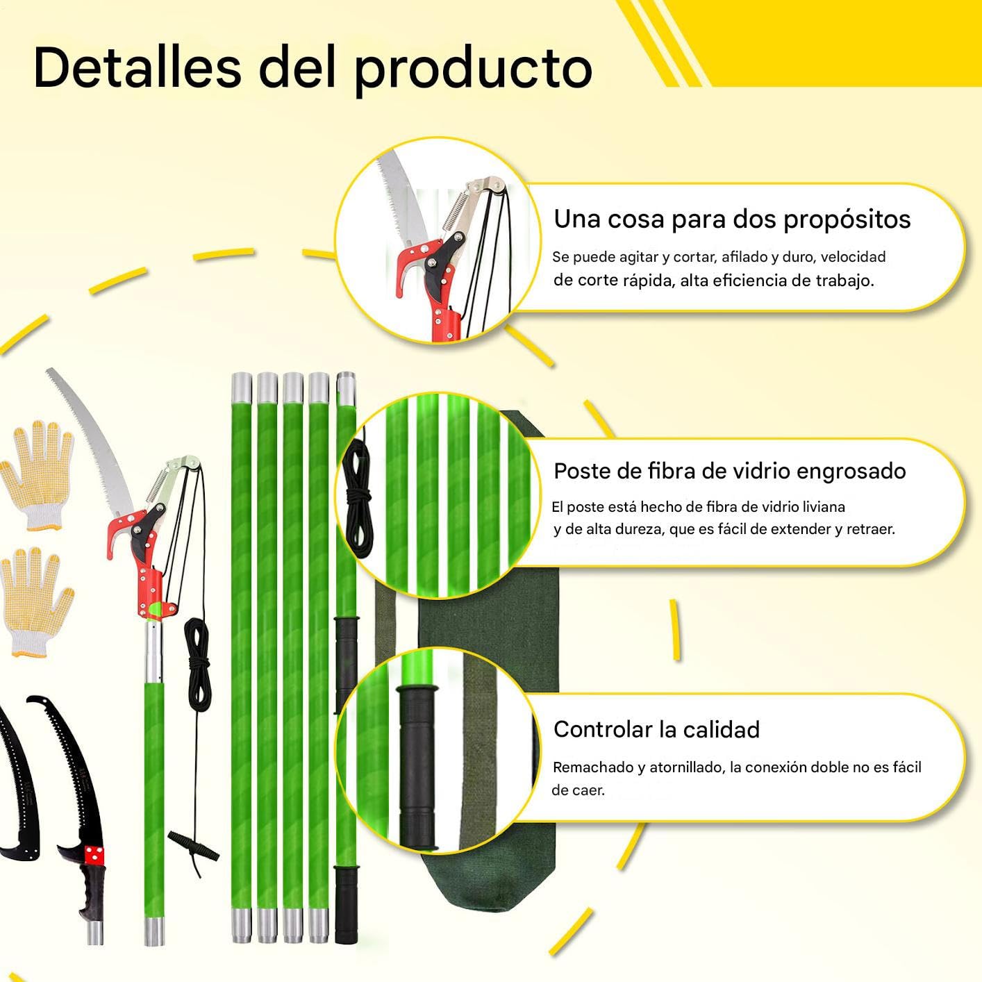 Sierra de podar telescópica de 6m: sierra de pértiga manual ajustable de 1 a 6m con 2 hojas, tijeras y bolsa. Ligera, 6 asas. Juego de herramientas de jardín para podar palmeras y arbustos
