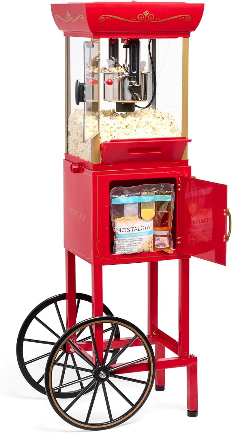 Nostalgia Popcorn Maker Machine - Professional Cart With 2.5 Oz Kettle Makes Up to 10 Cups - Vintage Popcorn Machine Movie Theater Style - Red