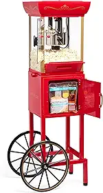 Nostalgia Máquina de fazer pipocas – Carrinho profissional com chaleira de 70 g para até 10 xícaras – Máquina de pipoca vintage estilo cinema – Vermelho