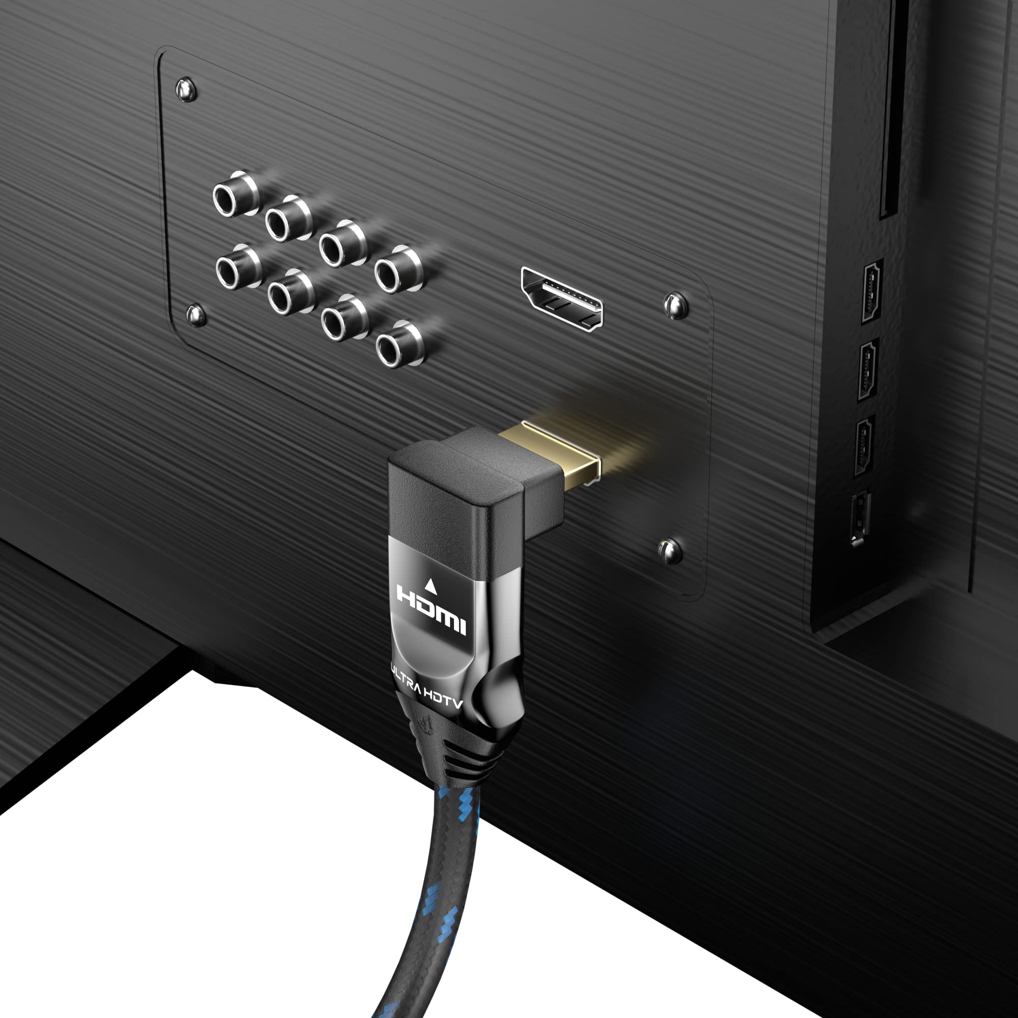 Ultra HDTV Kabel 90° 8K HDMI 2.1 - 2 m krótki, wtyczka kątowa, 48 Gb/s, 8K 60 Hz, 4K 120 Hz, ochrona przed zagięciem, płaszcz nylonowy premium, do telewizora, monitora, PS5, Xbox, Home Entertainment