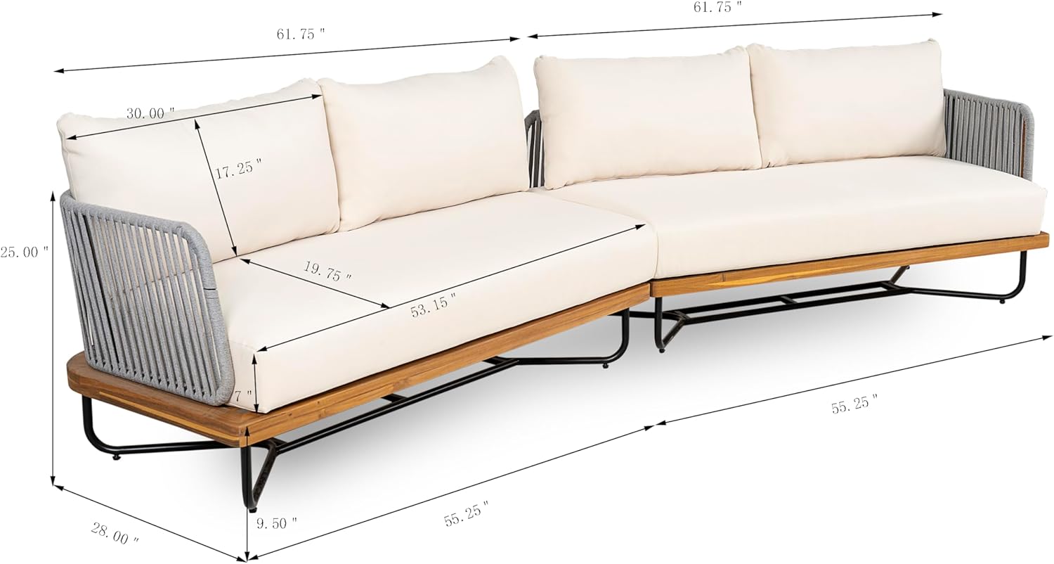 Christopher Knight Home Serena 8 Seater Outdoor Sofa Set with Cushions, Acacia Wood Patio Lounge Sofa with Woven Rope Back, Spacious Seating Couch for Backyard Garden Porch, Teak + Beige