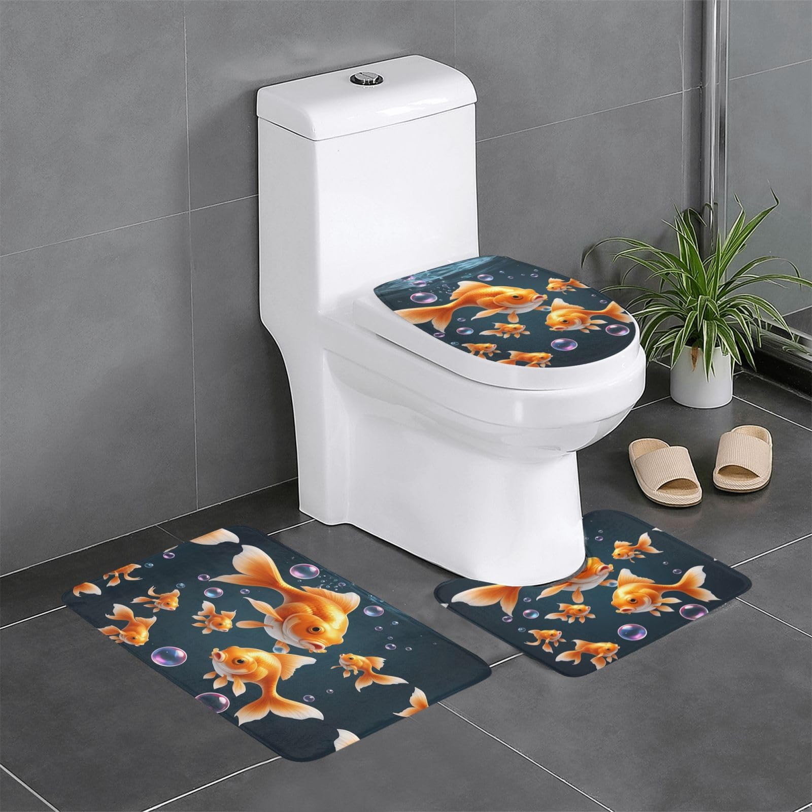Tapis de salle de bain Goldfish antidérapants : lot de 3 formats ovales et rectangulaires