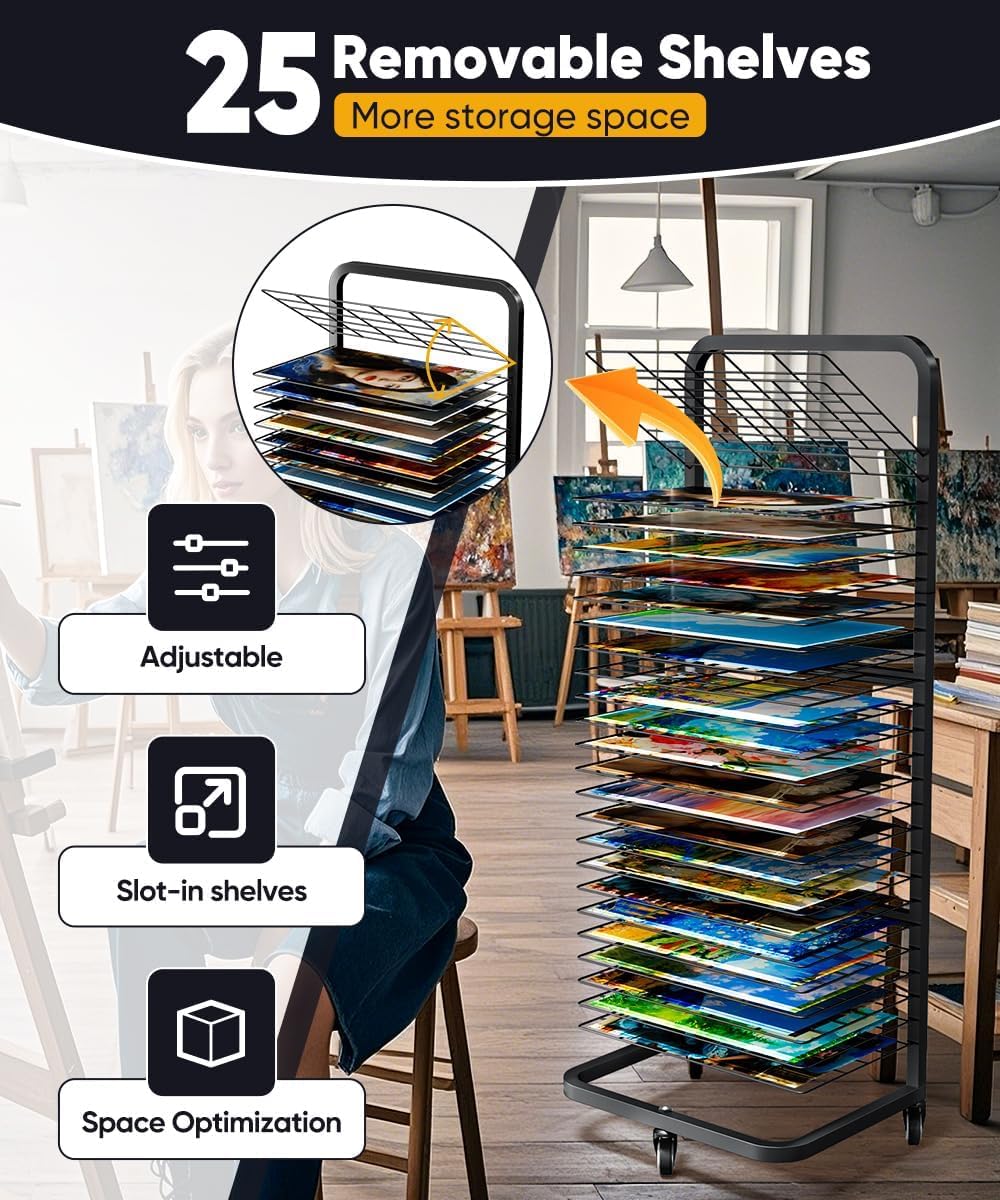 Garbuildman Stendibiancheria resistente per dipinti, supporto in metallo con 25 ripiani rimovibili, scaffale mobile in tela con ruote bloccabili per aule e studi artistici, nero