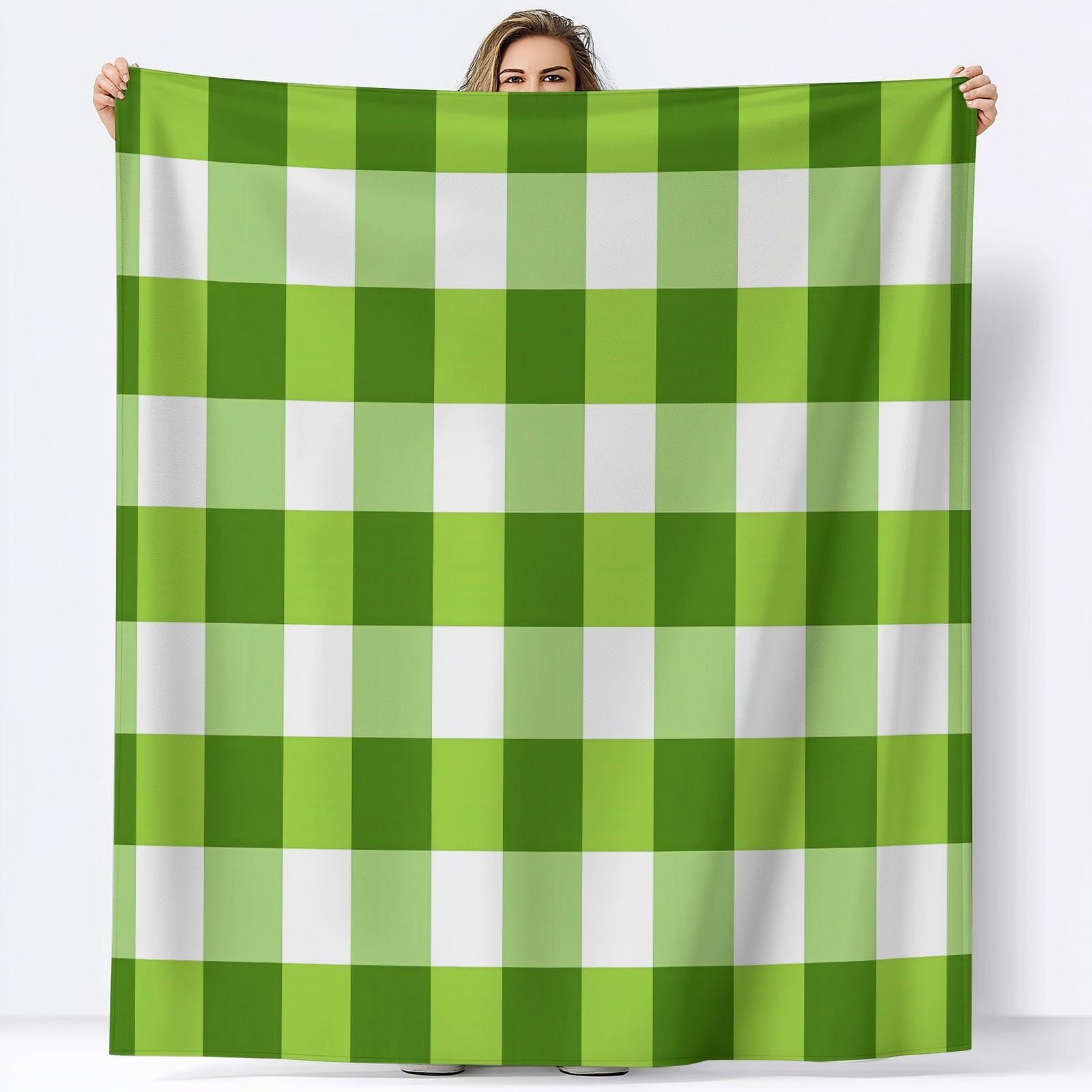 Koc polarowy z zielonymi wzorami geometrycznymi obrazami 220 x 240 cm miękki ciepły koc na sofę, narzuta na łóżko, narzuta na łóżko, na wszystkie pory roku