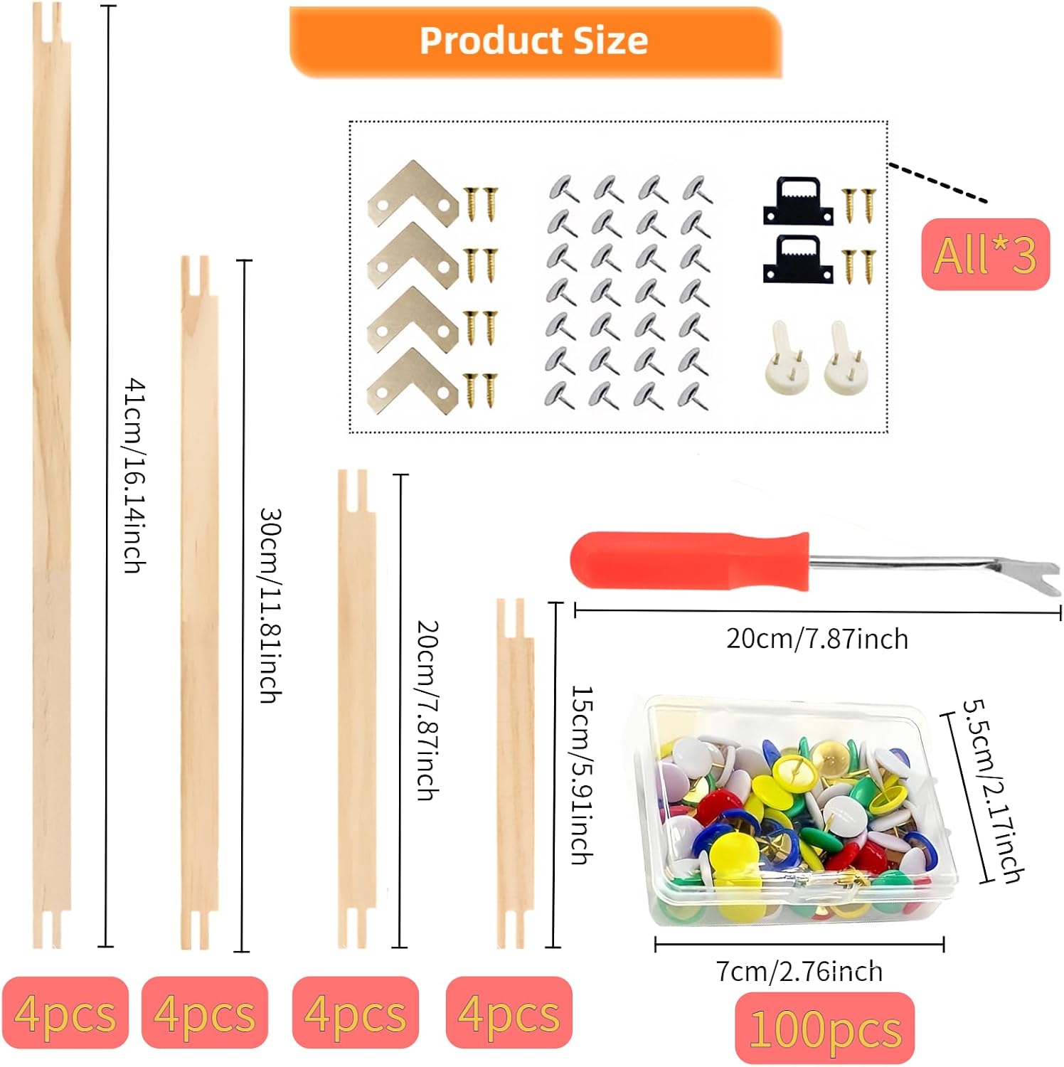 Needlepoint Stretcher Bars Set, 16pcs Wooden Canvas Stretcher Bars for Needlework, 4 Sizes Embroidery Frame Kit with 100 Color Tacks & Hanging Accessories for Cross Stitch, Embroidery & DIY Crafts