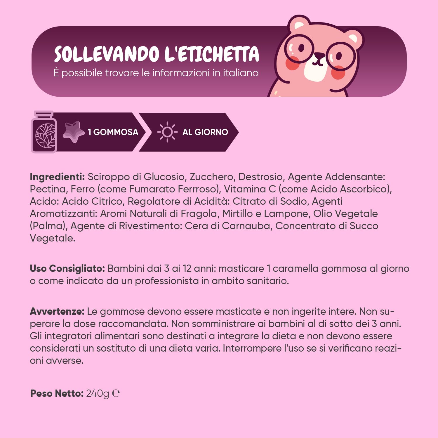 Ferro Bambini con Vitamine Gommose, 120 Caramelle Vegane ai Frutti di Bosco con Vit C, (4 Mesi di Fornitura) dai 3 ai 12 Anni, Integratore Ferro e Vitamina C Bambini Gommose, Prive di Glutine e OGM