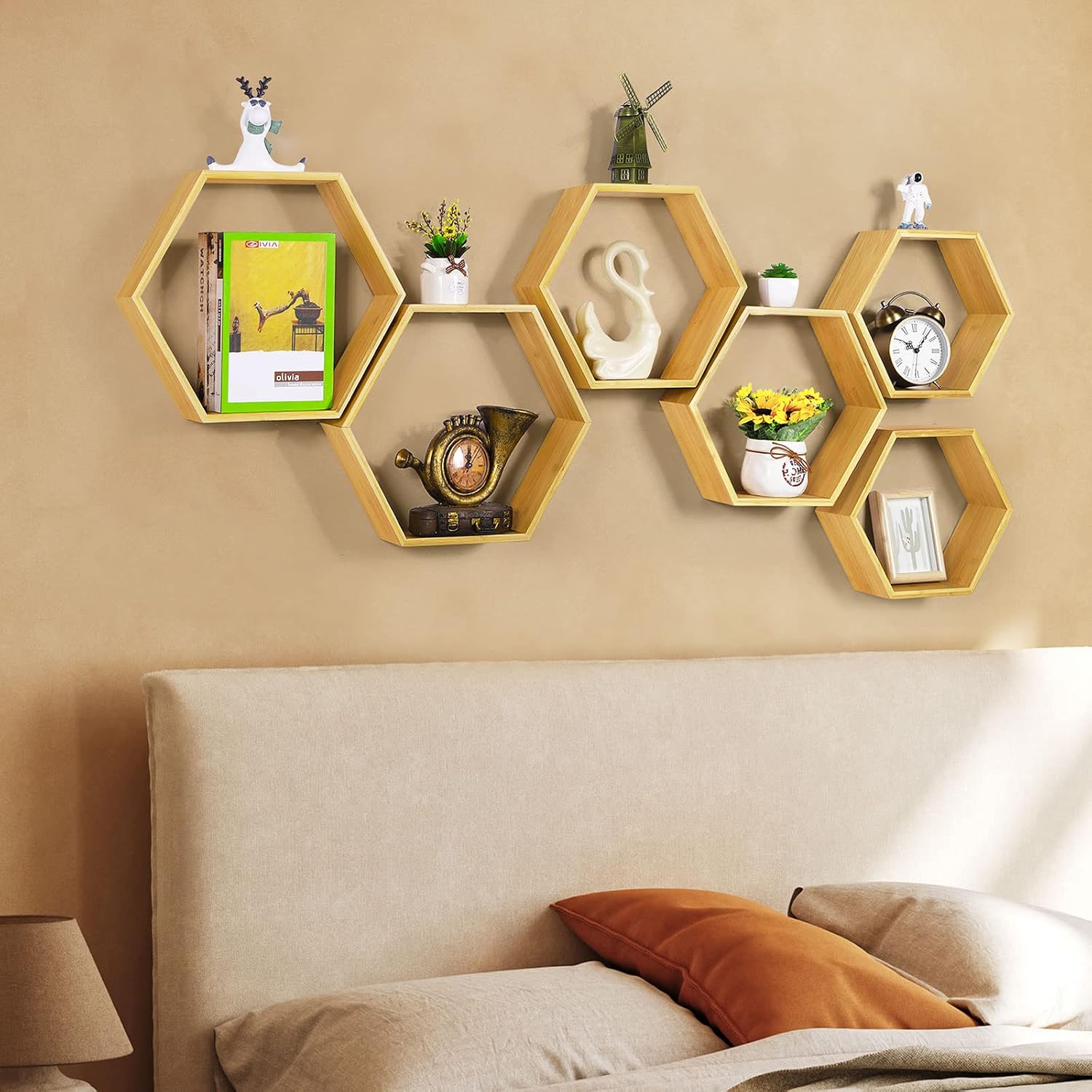Estanterías Hexagonales Flotantes De Adera Tipo Granja Ontadas En La Pared, Estante De Pared De Panal De Abeja Para Alacenaiento De Adera, Copra De Estante De Alacenaiento De Adera, Estantes Colgantes Para