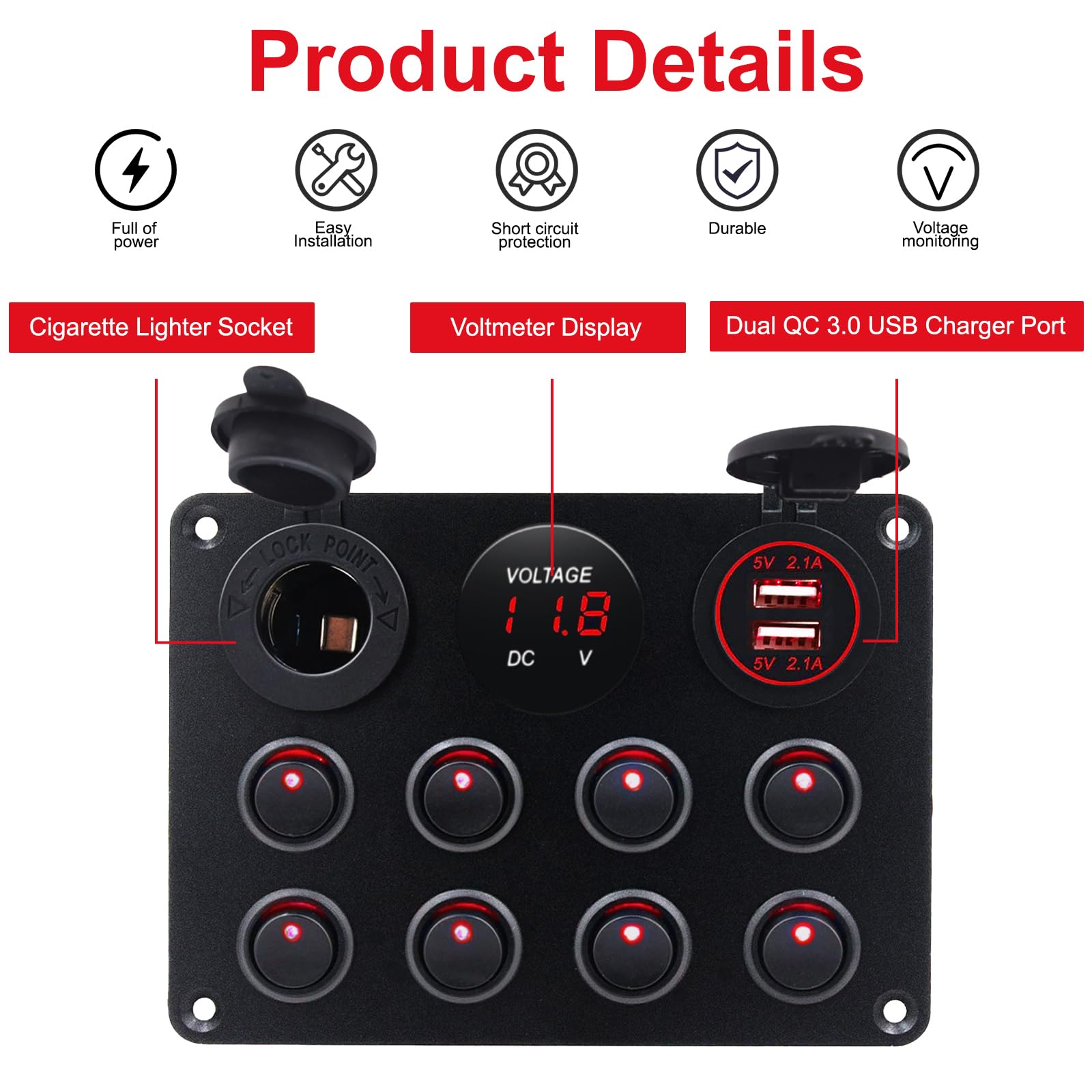 KAOLALI 8 Gang Panneau de Commutation à Bascule 12V/24V, Rouge LED Étanche | Interrupteur à Bascule Étanche, 4,2 A Double Chargeur USB, Affichage Numérique, pour Voiture, Marine, Bateau, Camping-Car