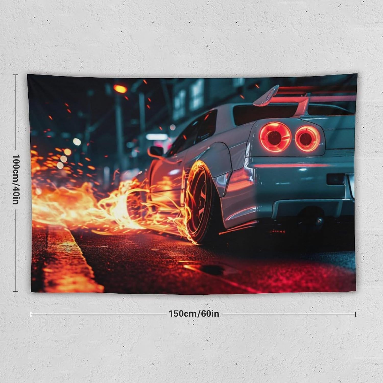 FeoYoed Tapestry Wall Hanging Aesthetic Decoration For Bedroom Living Room Wall Art Tapestries White Classic Jdm Car R34 Flames Of Fire 40"x60"
