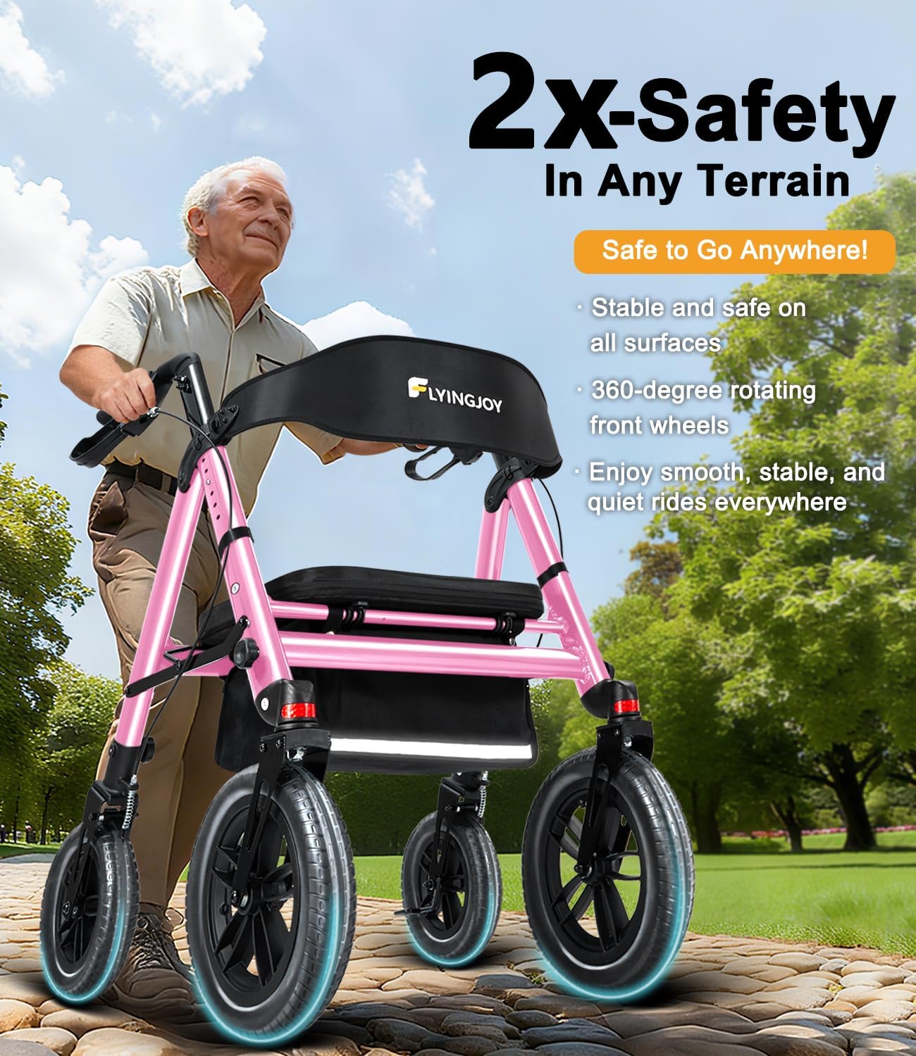 rollator walker with seat,12" front wheels 10" rear rolling walker, extra-wide heavy-duty rollator walker with seat and brakes for seniors and adults bariatric with large aluminum (pink) 12‘’-pink