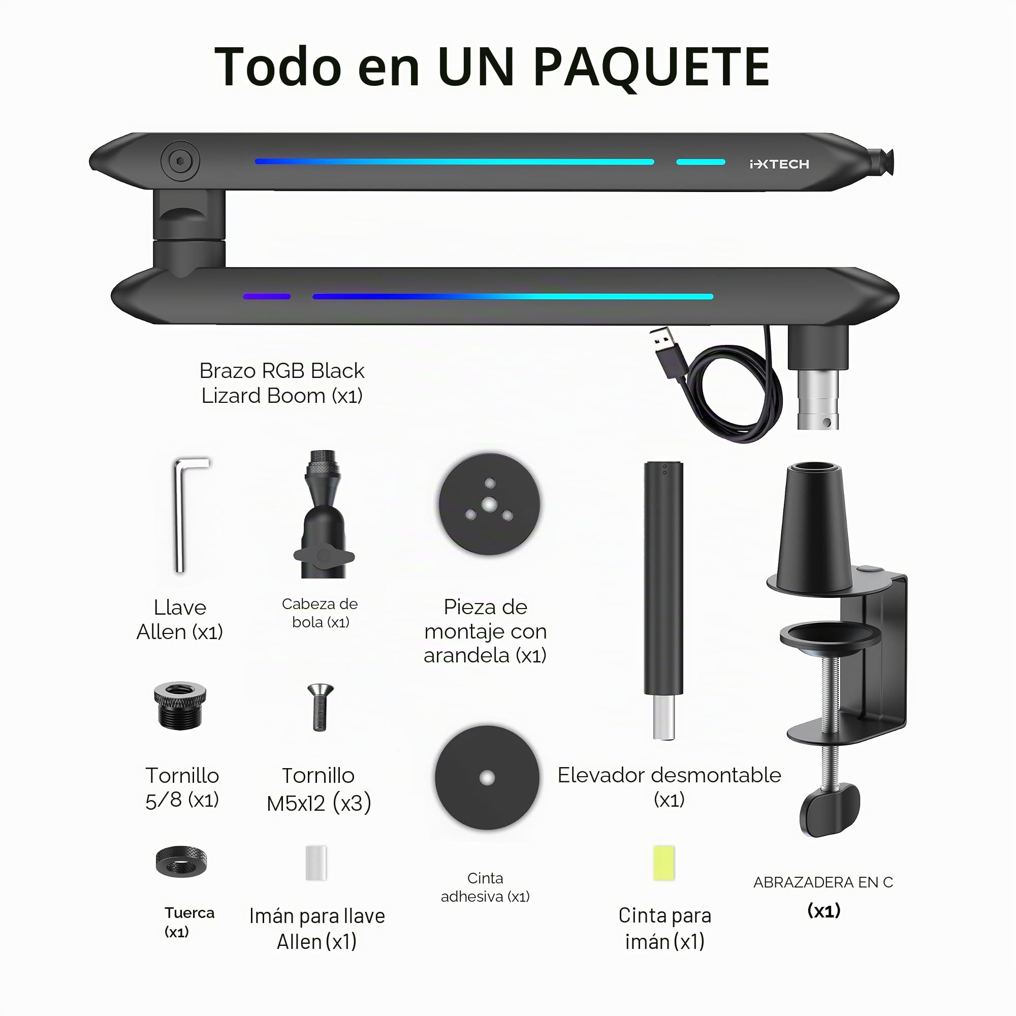 IXTECH Brazo de brazo RGB de perfil bajo para micrófono, soporte de brazo de micrófono ajustable con abrazadera de montaje en escritorio, soporte giratorio para micrófono con gestión de cables para