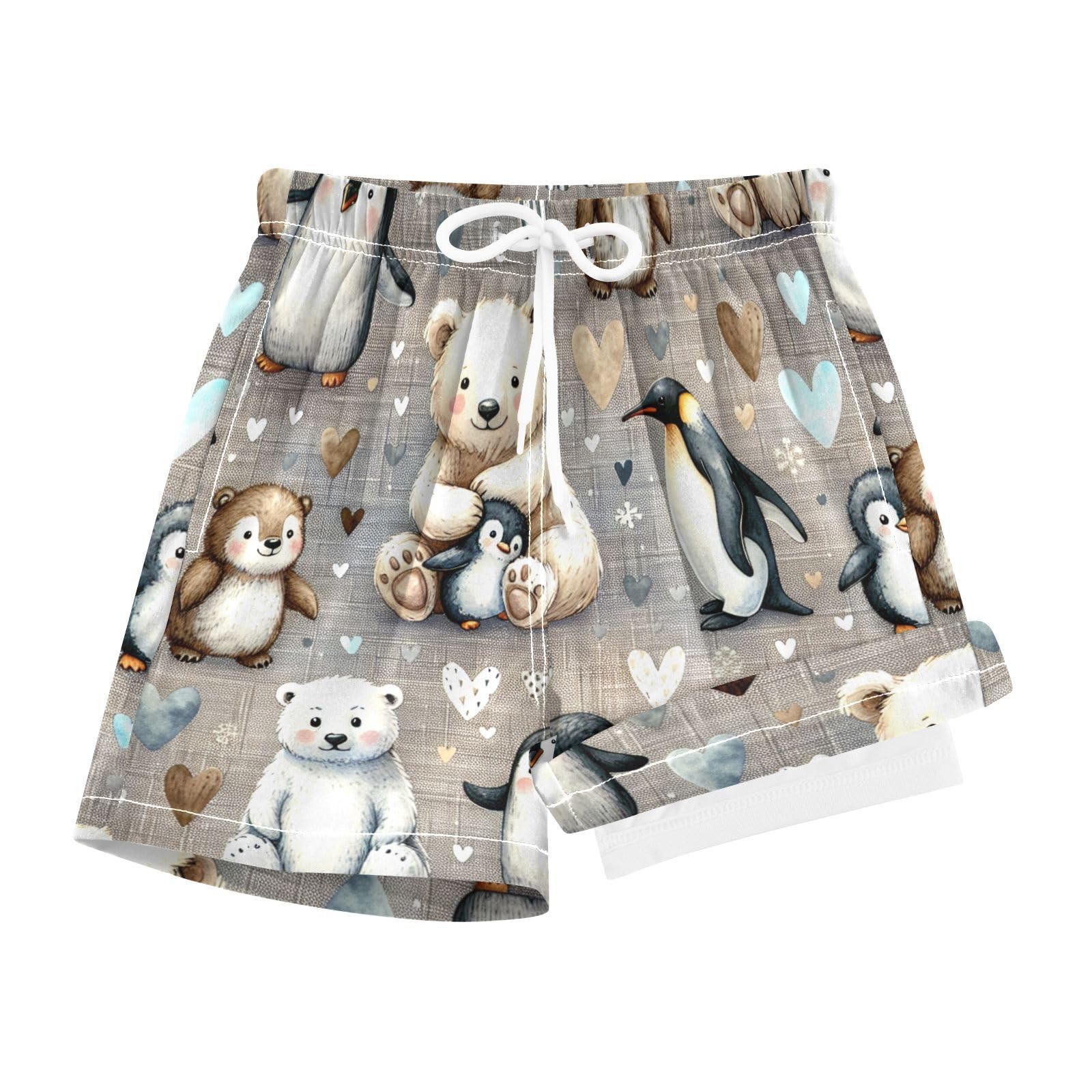 YANENDIE Boy Swim Trunks with Compression Liner Penguins and Bears Boys Swim Shorts Quick Dry Beach Shorts