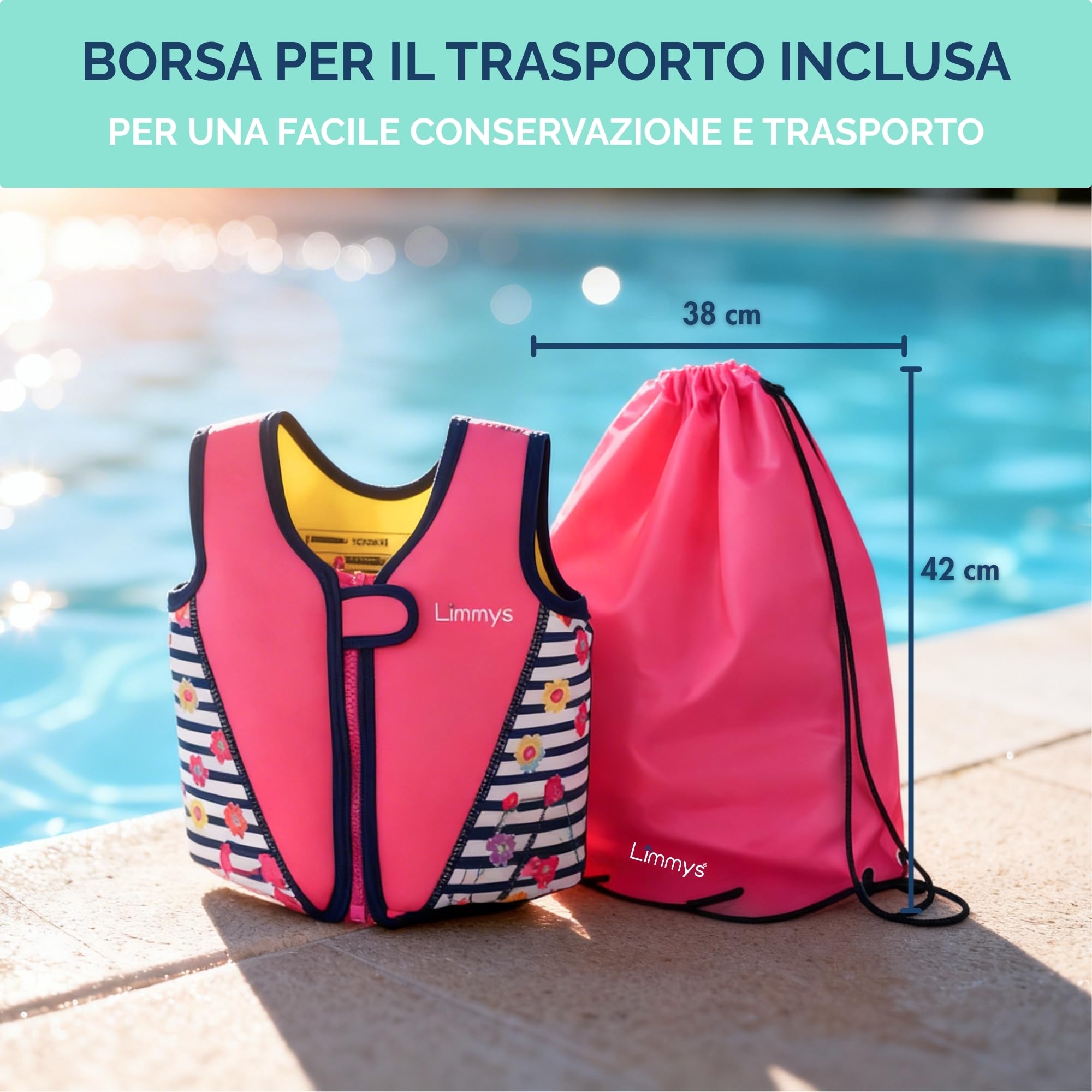 Gilet da Nuoto Limmys per Bambini – Sistema di Galleggiamento Regolabile a 8 Pannelli, Certificato CE, Design Premiato, Comfort in Neoprene Morbido, Struttura Resistente, Sacca Inclusa