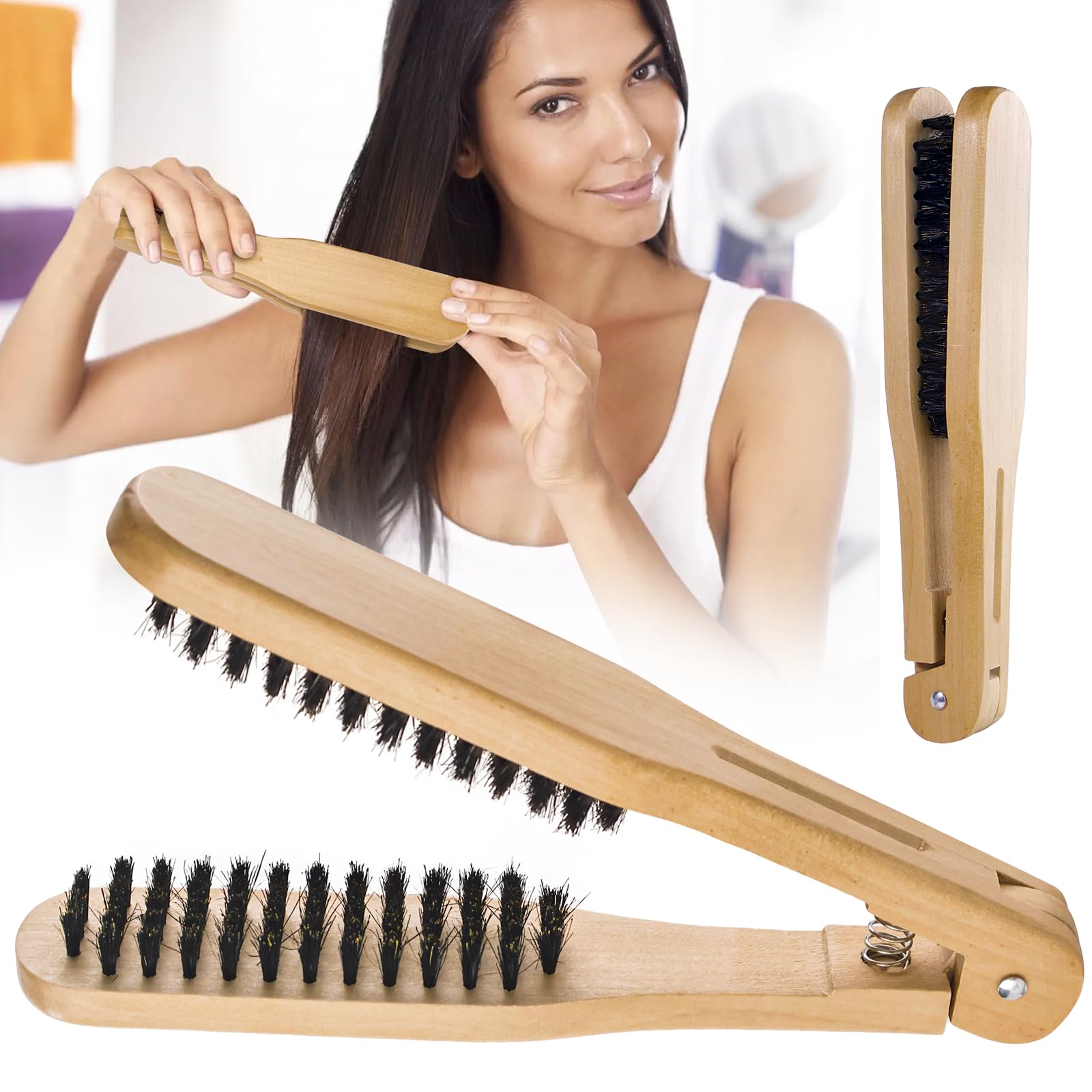 Chazcool Double Sided Bristle Hair Brush, Clamp Hair Brush Use for Smoothing and Straight Hair Styles, Wooden Hair Straightening Brush